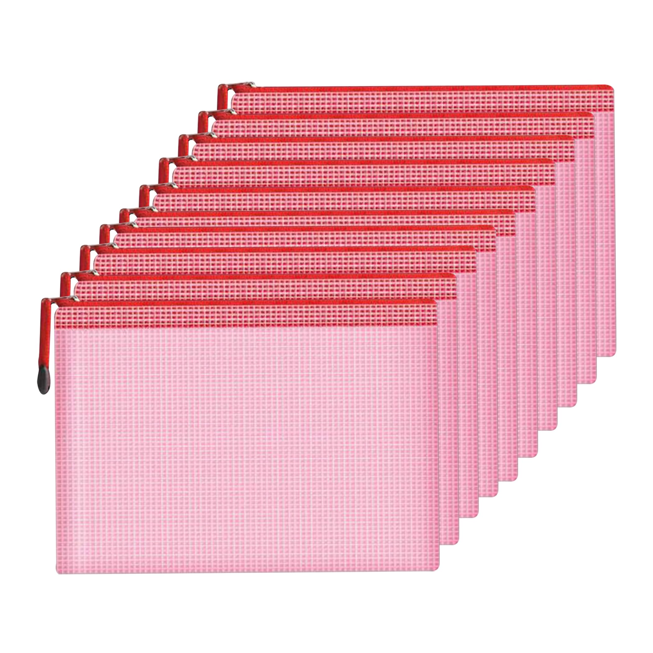 Mesh Document Bag Set of 10, Waterproof Zipper Pouch / A4 Size Zip File, for Household Daily Storage School Office M-D-2B (Red, A3 (17×12 Inch))