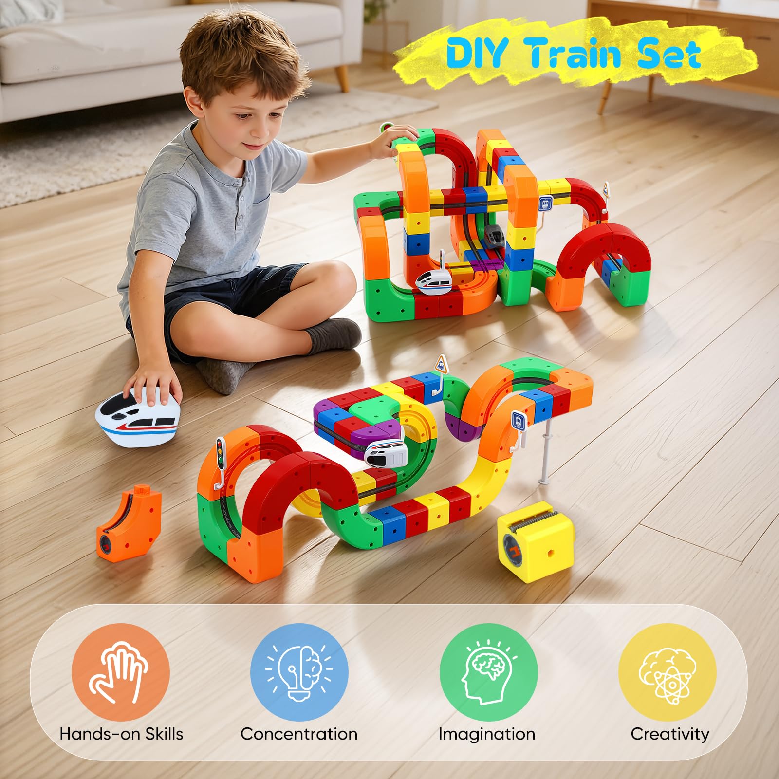 51 Piezas Juego de Trenes de Cubos mágicos, Juego de Trenes eléctricos, diseños 3D Integrados, Pista de Carreras Flexible, Juguete de construcción de automóviles motorizados