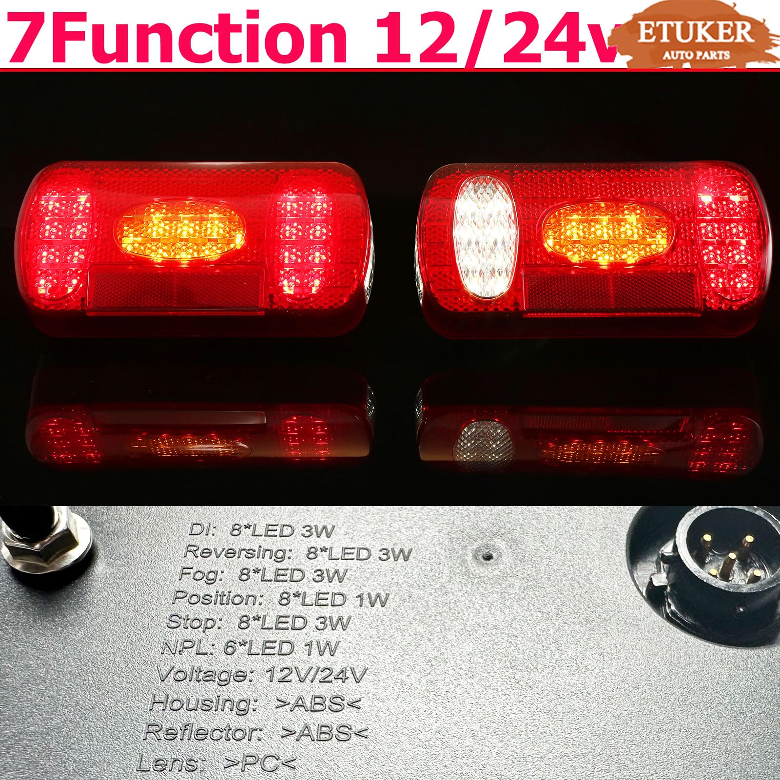 Kit Feux Arrière LED Pour Remorque ETUKER - 12V/24V, 7 Fonctions, Étanche IP67, Connecteur 5 Broches