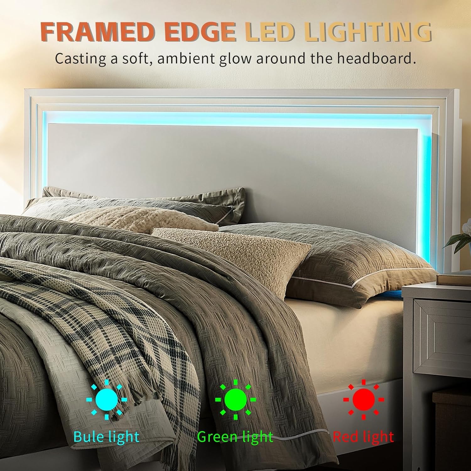 Queen Bed Frame with Headboard, Farmhouse Wood Queen Bed with RGB LED Light, Wood Slats Support, Noise-Free, Sturdy Structure, Easy Assembly (White)