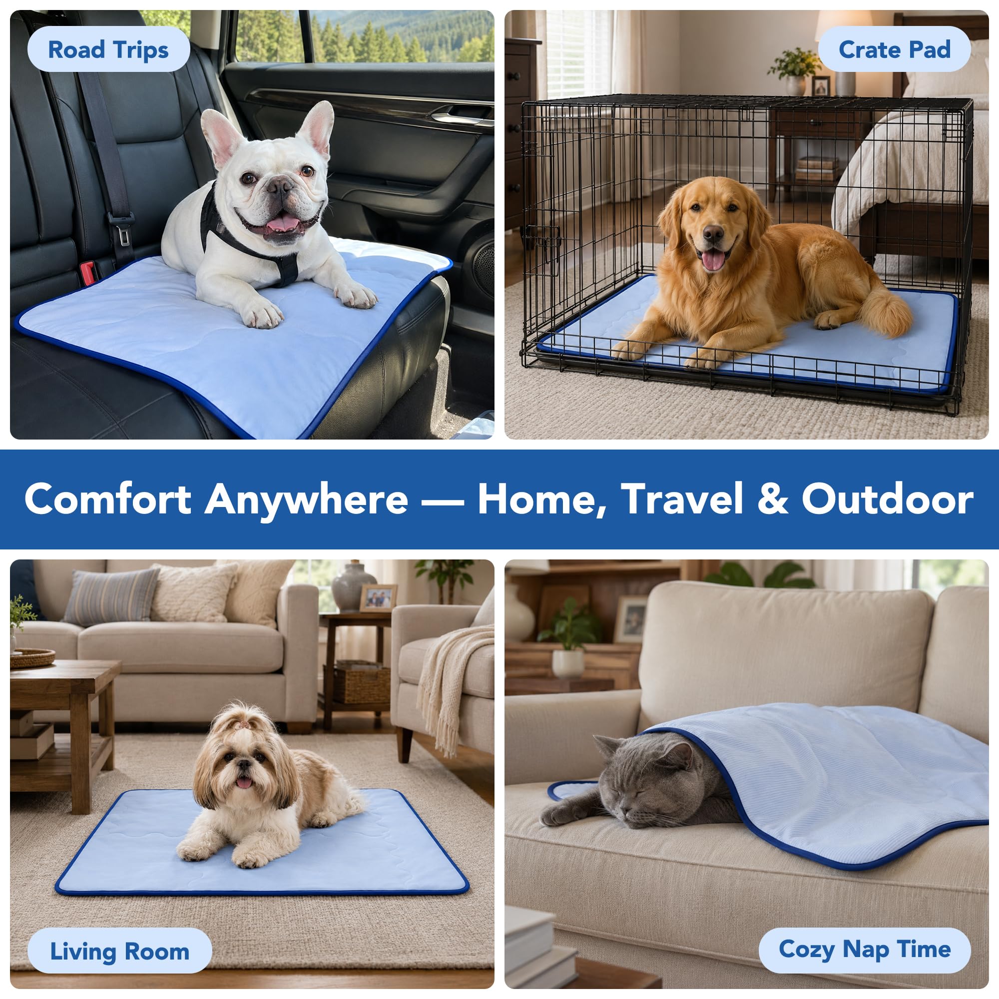 Deconovo Tappetino Rinfrescante per Cani e Gatti 102x74 cm, Tappeto Fresco Double Face con Tessuto Cooling e Morbida Spugna, Trapuntato e Lavabile, Materassino Estivo per Cuccia, Divano e Auto, Blu