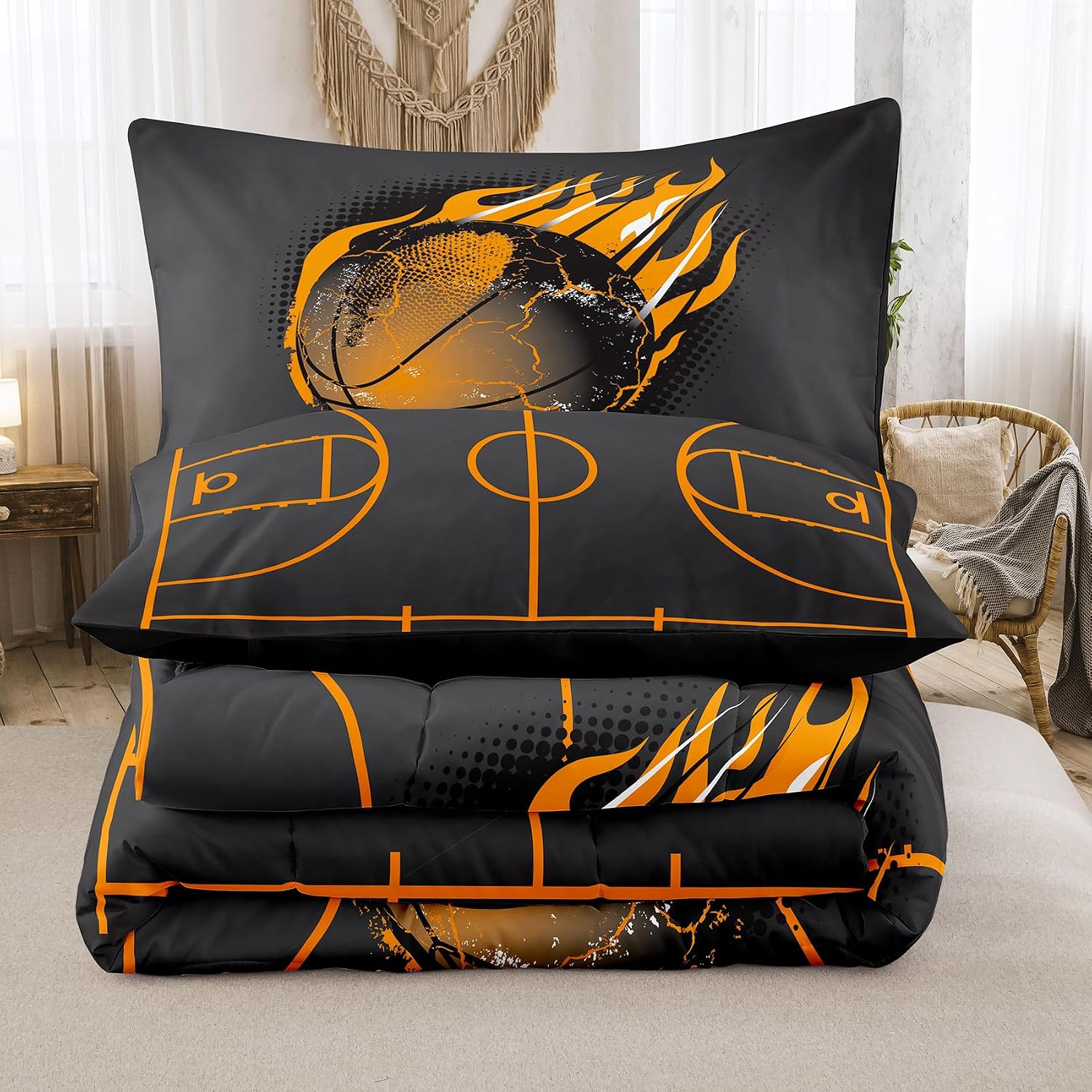 NINENINE Basketball Comforter Sports Bedding Sets for Boys,Queen Comforter Sets for Kids,Basketball Bedding Set(1Comforter, 1Flat Sheet, 1Fitted Sheet, 2Pillowcases)