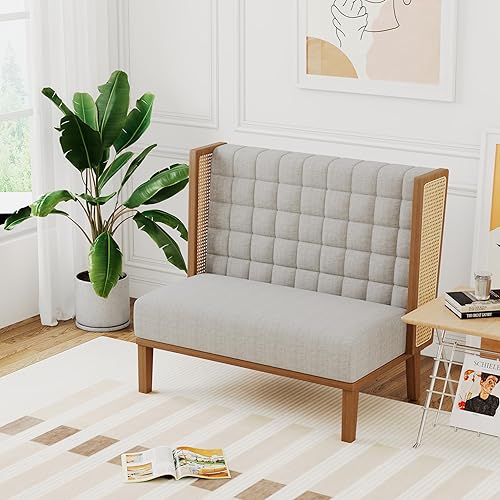 Miniatura 7 de Andeworld Banco de sofá biplaza con brazos de ratán, mini sofá tapizado moderno con respaldo alto, banco de comedor de banqueta para sala de estar,