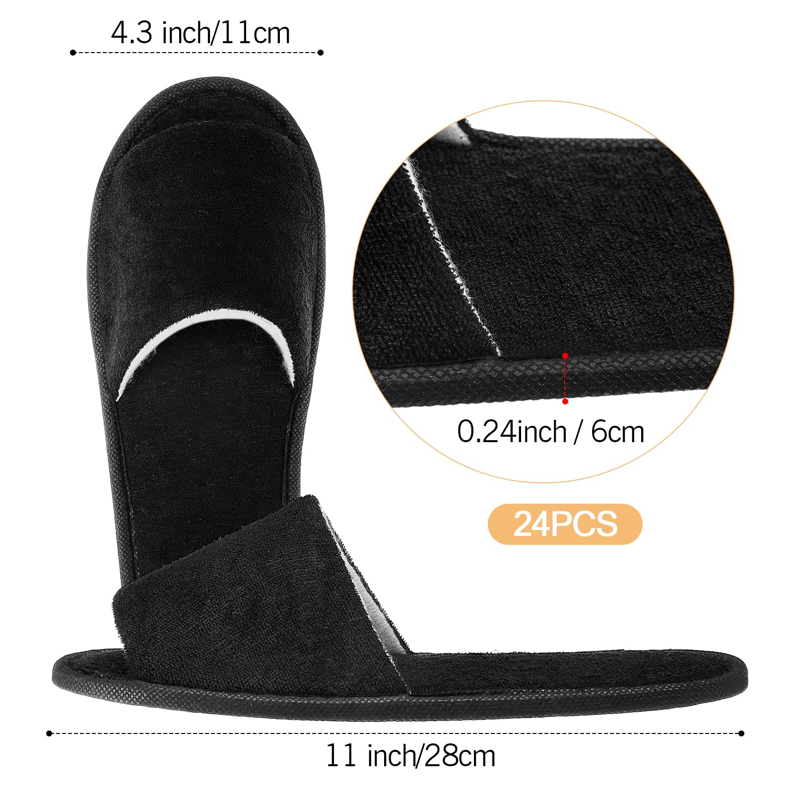Silicherry 12 Pairs House Slippers for Guests Disposable Open Toe Spa Slippers Bulk for Wedding Party Unisex (Black,M)
