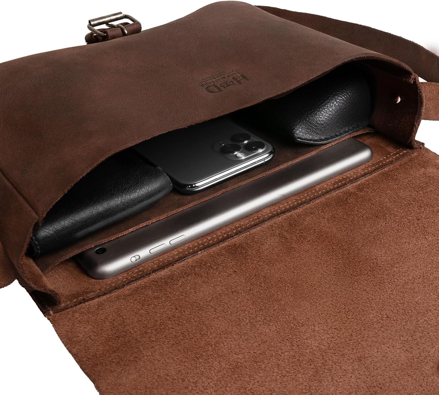 Hide & Drink, Small Messenger Bag, Rectangular Bag with Adjustable Shoulder Strap, Crossbody Bag, Travel Accessory, Full Grain Leather, Handmade, Bourbon Brown