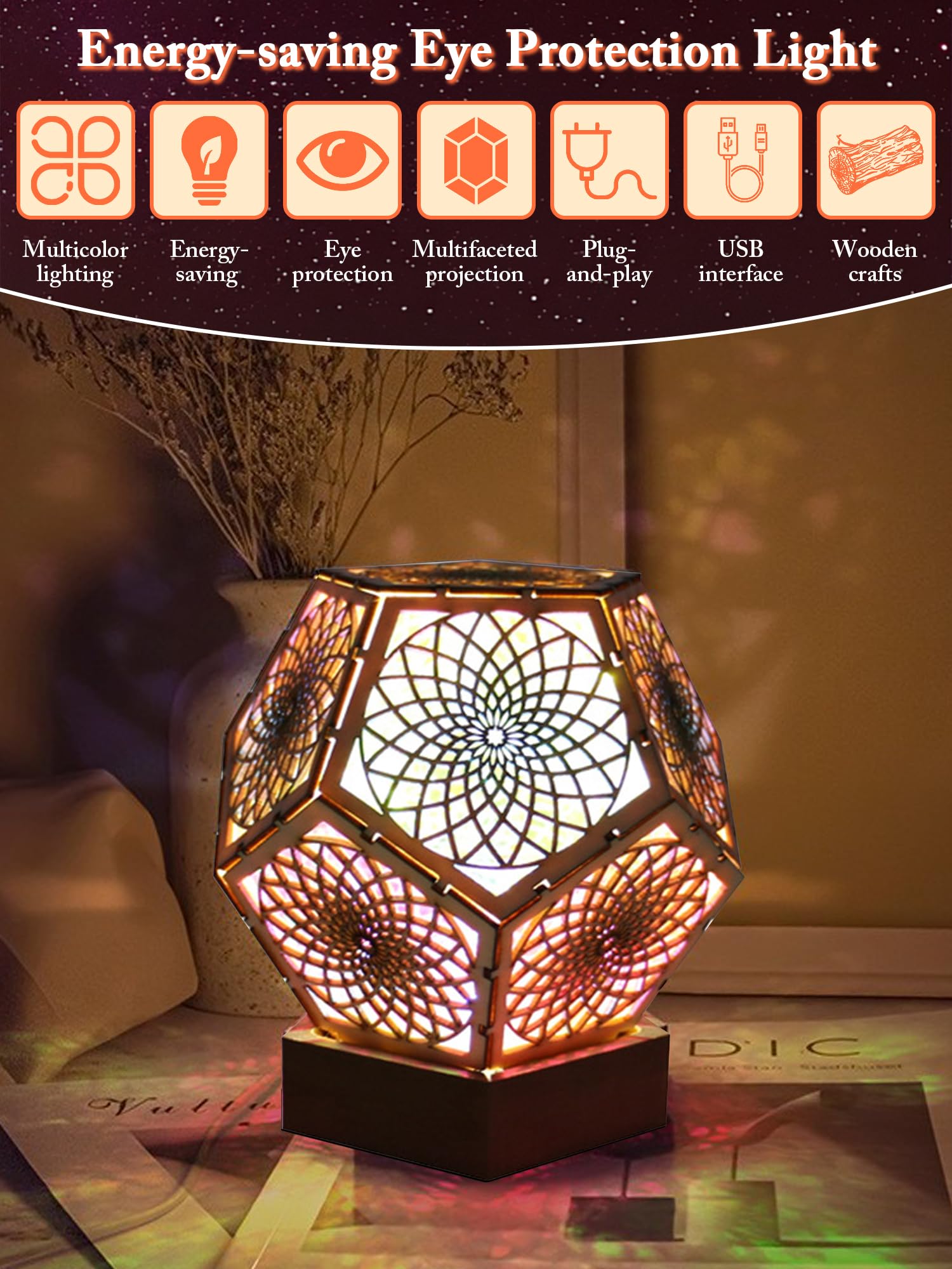 Starlight Projector Lamp,Boho Ambient Lighting Ceiling Projector Night Light, Wooden Colorful LED Lights for Bedroom Vintage Room Decor Aesthetic Unique Gifts for Christmas Halloween Birthdays: Pentagonal