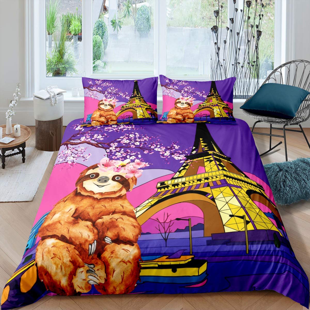 Housse de couette Tour Eiffel fleurs de cerisier et couvre-lit moderne pour ado