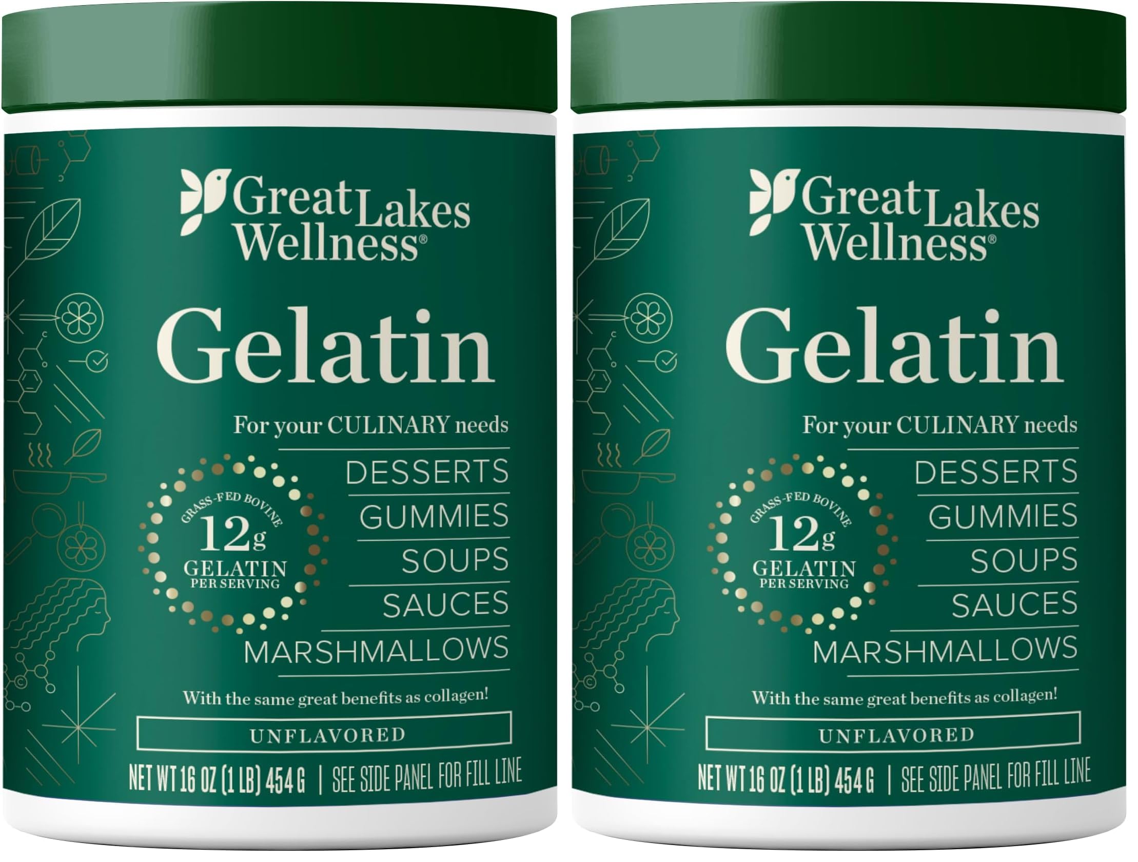 Great Lakes Wellness Beef Gelatin Powder for Culinary Needs - Perfect for Gummies, Marshmallows, Desserts and more - Unflavored - Grass-Fed, Kosher, Keto, Non-GMO 16 oz (Pack of 2) Unflavored 16 Ounce (Pack of 2)