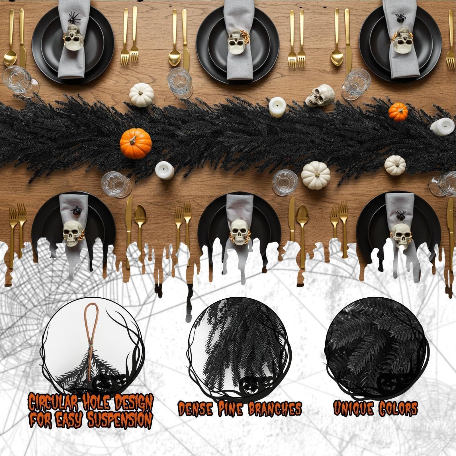 Guirnalda Negra De Halloween Pieza Negra Artificial Realista 1,8 | Guirnalda de Chimenea Halloween para Interior Mesa Ventana Patio Patio Fiesta Festival Otoño Cocina Estante
