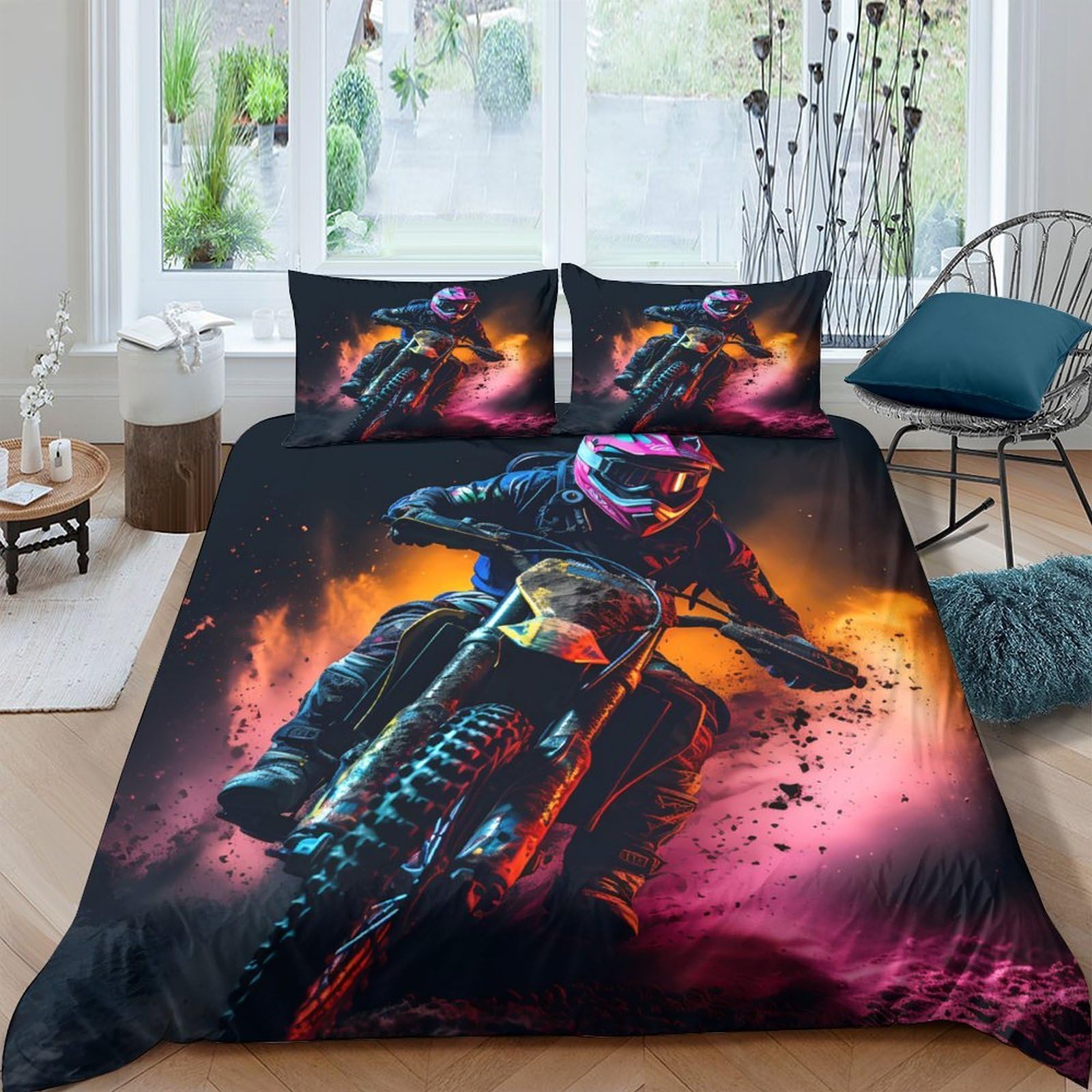 Ctjqhvkz Style-7 3D Printed Motocross Fire Racing Fitted Sheet Microfiber Soft Breathable Neon Helmet Bed Cover For Bedroom Dorm Decor Single（135X200cm）