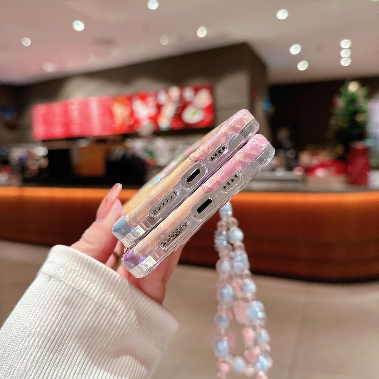 for iPhone 16 Pro Max Wavy Case, [Curly Protection Frame][Vintage Glossy Oil Painting Floral Print] with Lovely Bead Chain for Grils and Women (Pink) - Image 4