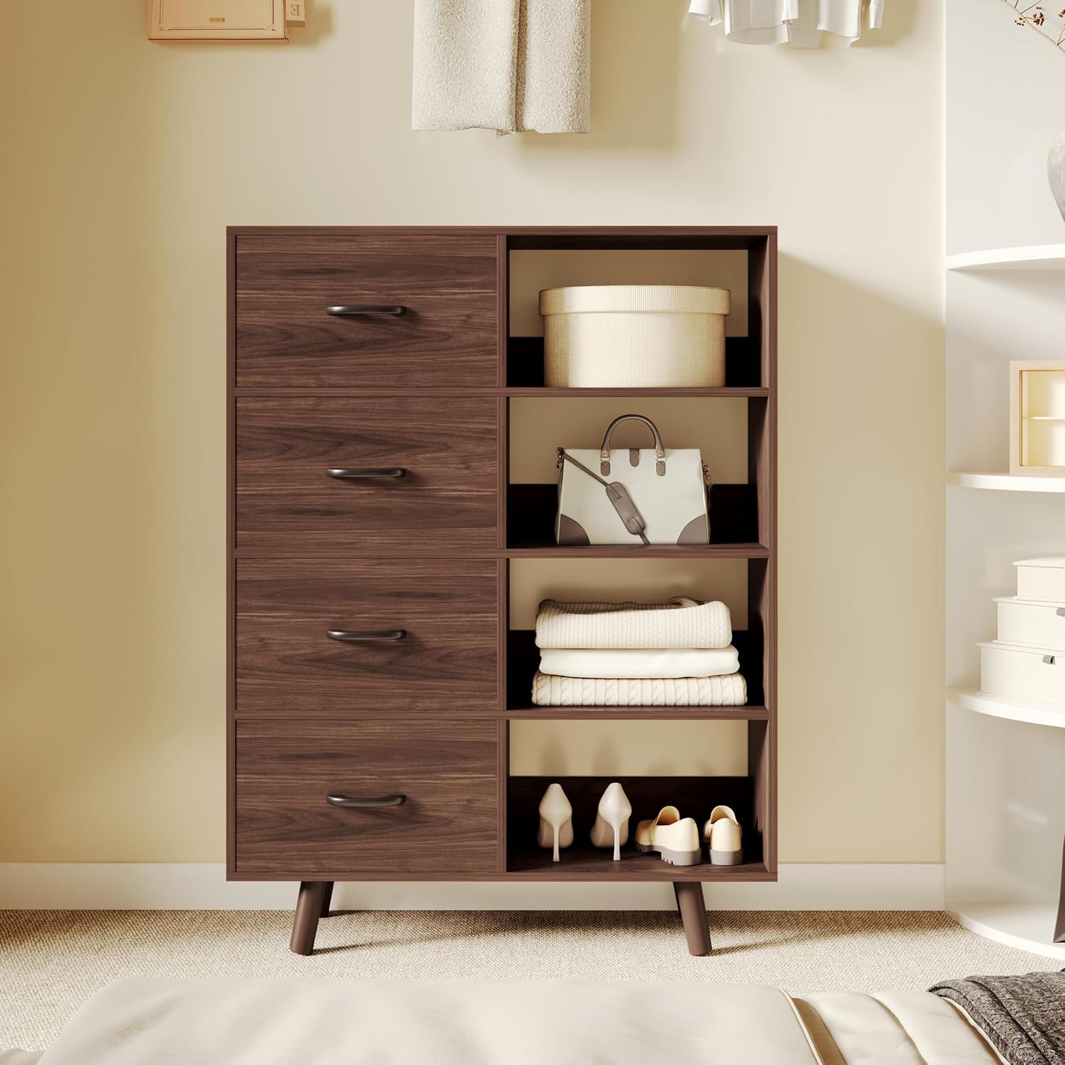 Bookcase with Fabric Storage Bins - 8 Cube Organizer Display Bookshelf for Home Office, Walnut