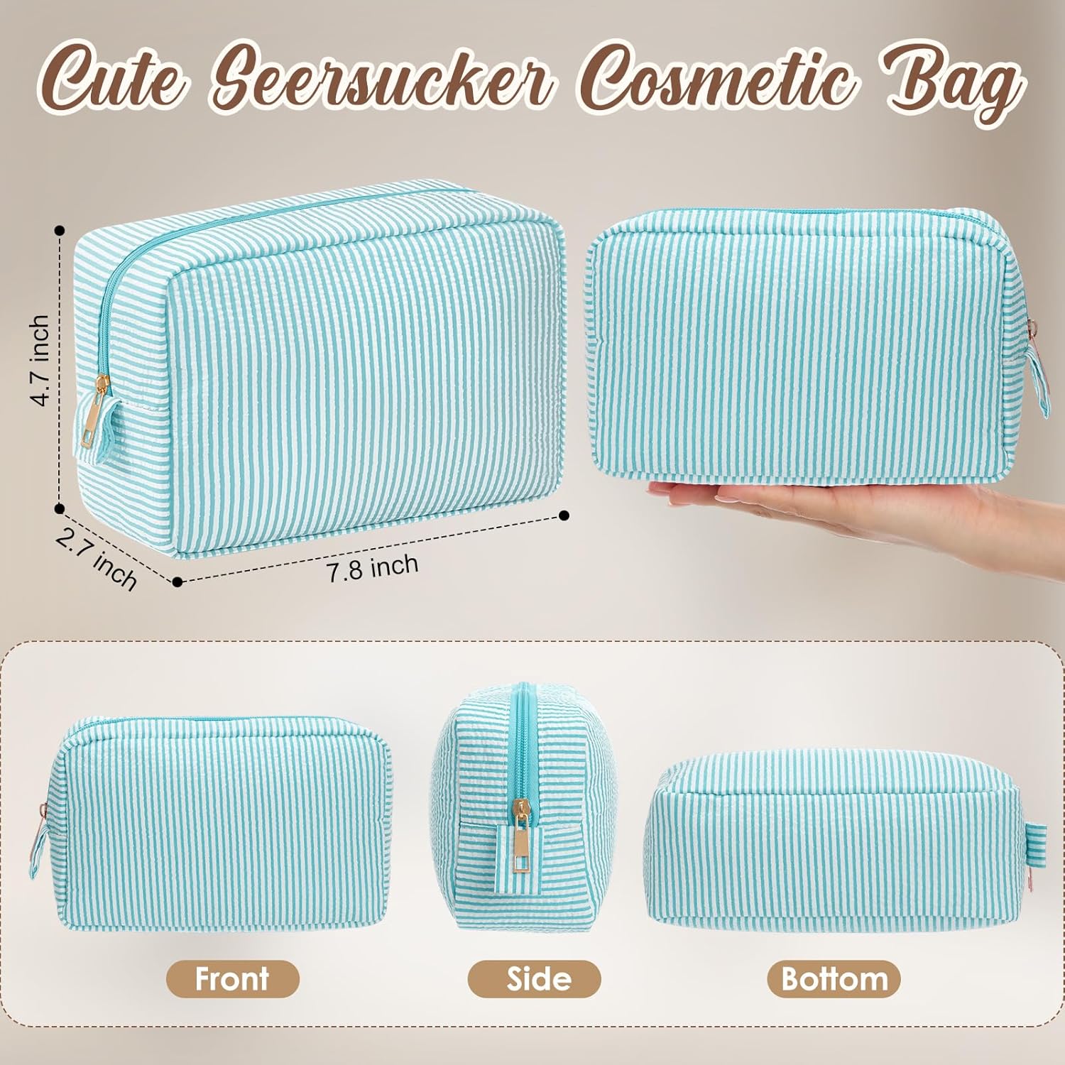 Sanwuta 10 Pcs Seersucker Cosmetic Bag Seersucker Makeup Bag Women Stripe Large Travel Toiletry Organizer Preppy Storage Pouch for Embroidery Wedding Bridesmaid Bride Mom (Mint Green) - Image 2