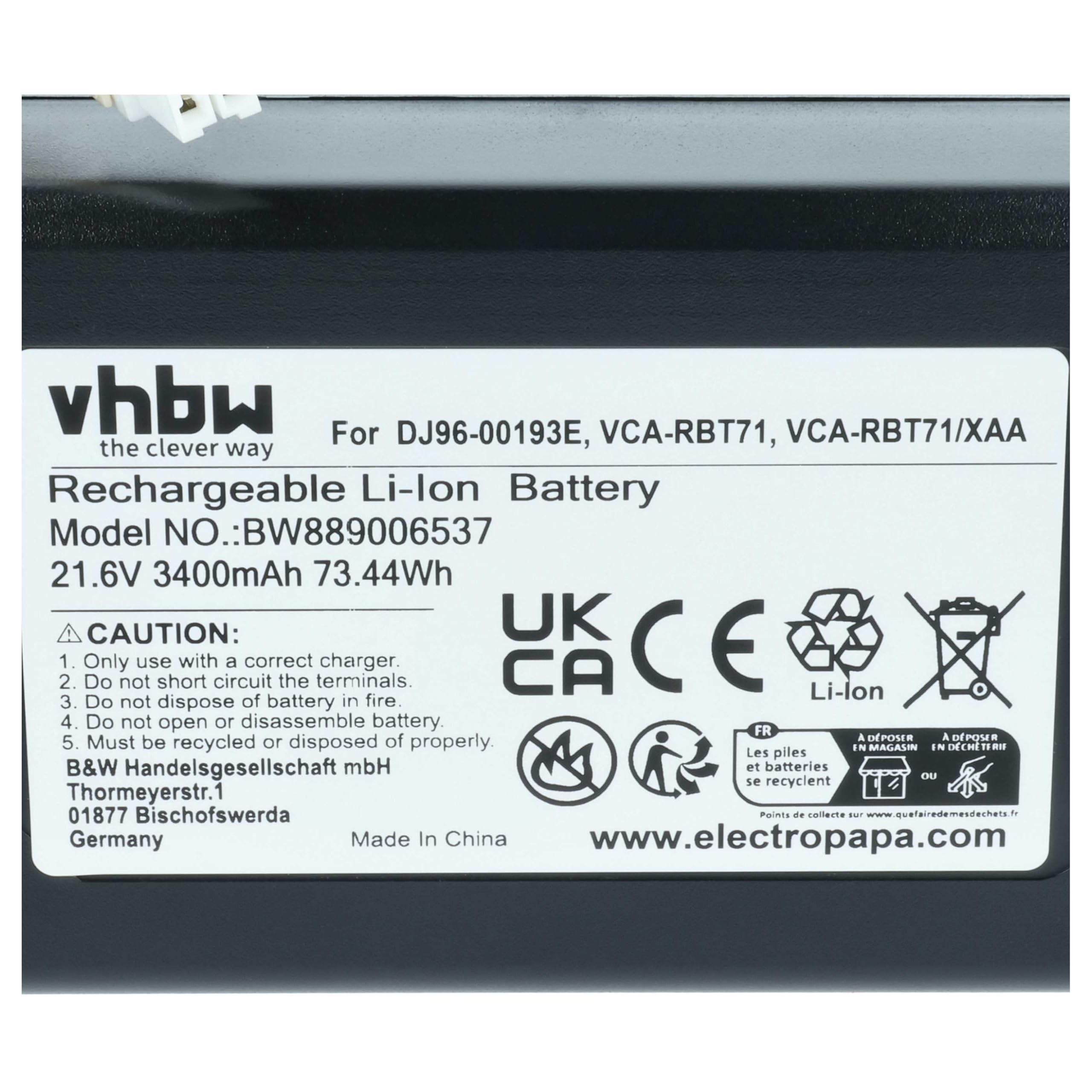 vhbw Bateria zamienna do Samsung DJ96-00193E, VCA-RBT71/XAA, VCA-RBT71 do robota odkurzającego (3,4 Ah, 21,6 V, litowo-jonowa)