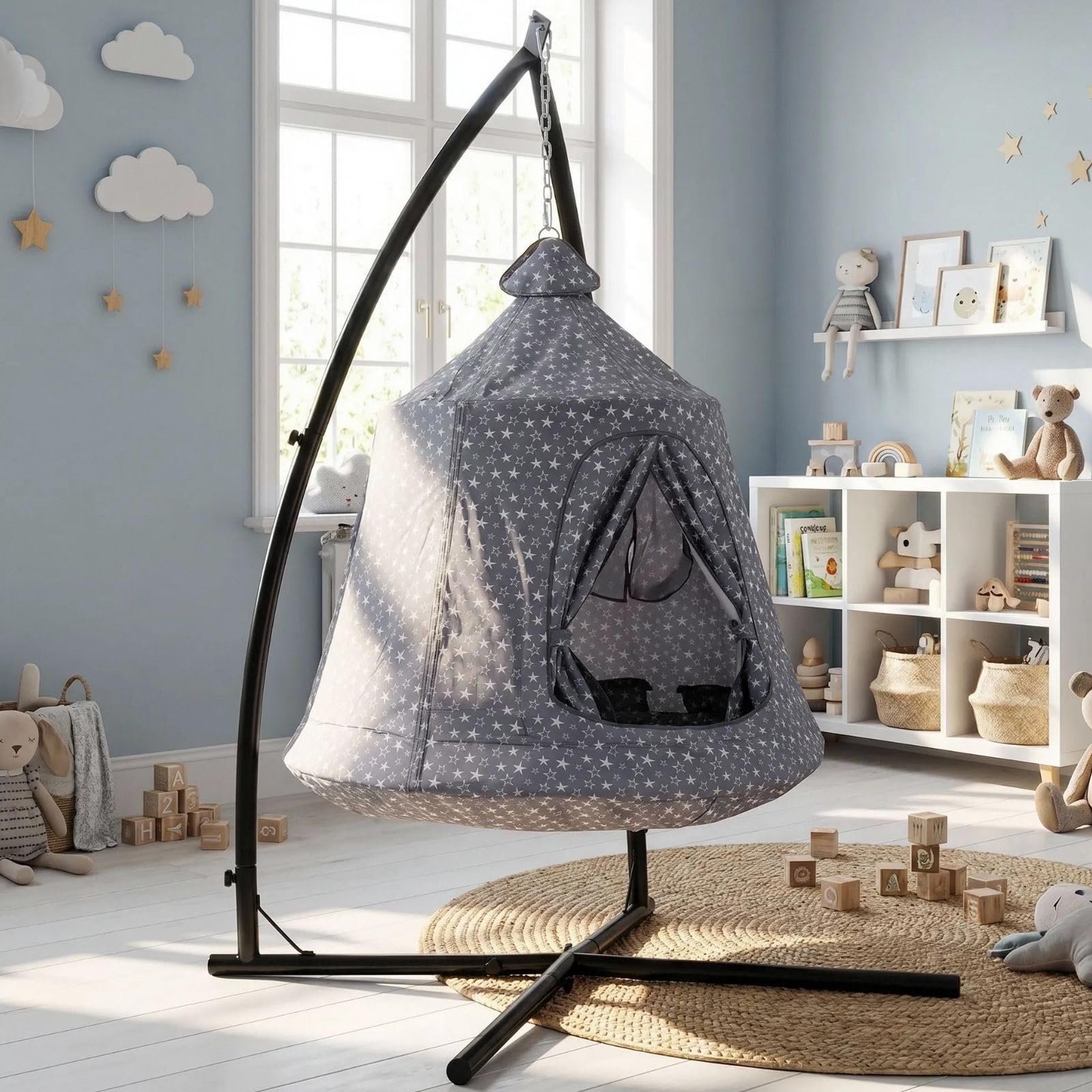 MAMIZO Hanging Hammock Chair with Frame for Indoor & Outdoor, Hanging Swing Chair with Inflatable Cushion & LED Lights, Hanging Swing Tent for Garden Patio Living Room Camping, Load of 150 kg, Grey