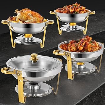 5QT Chafing Dishes for Buffet Set, Gold Round Chafing Dish Buffet Set with Glass Lid, Chafers and Buffet Warmers Sets, Serving Food Warmer for Parties, Buffet 4 Pack