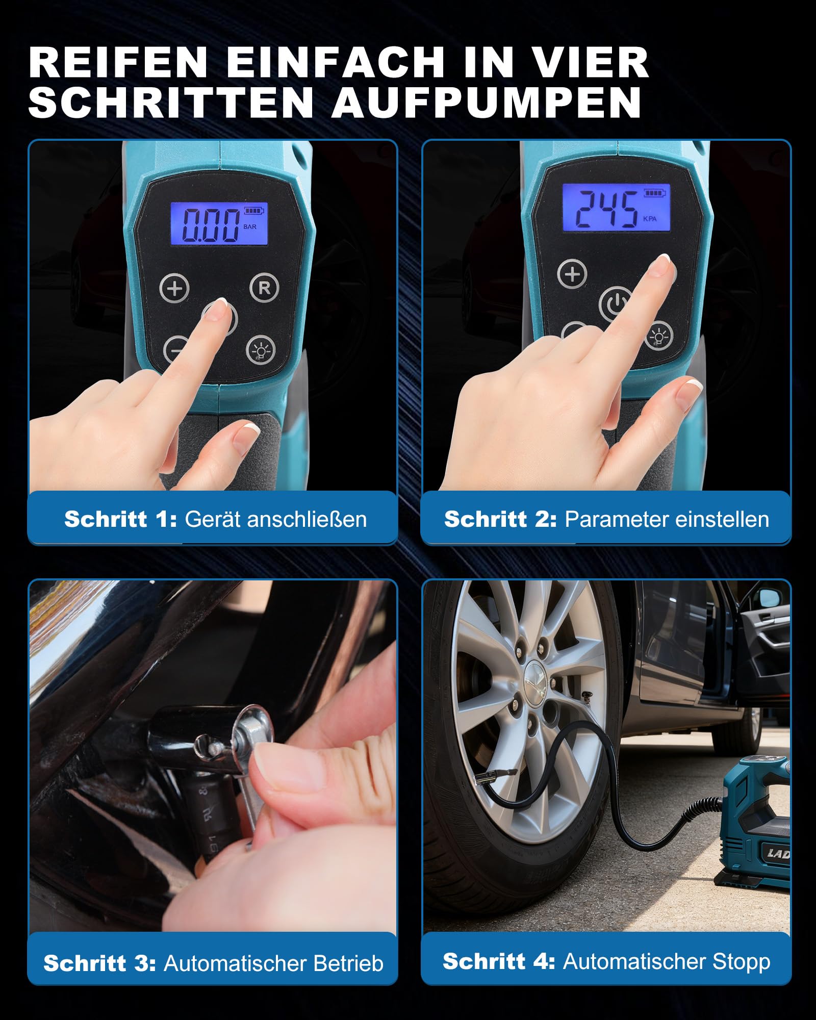 Akku-Kompressor für Makita 18V,Akku Luftpumpe bis150 PSI mit LED-Licht & Autostopp,Tragbare Luftpumpe mit Digitales Manometer,Elektrischer Luftkompressor für Auto, Motorrad,Fahrrad,Sportbälle