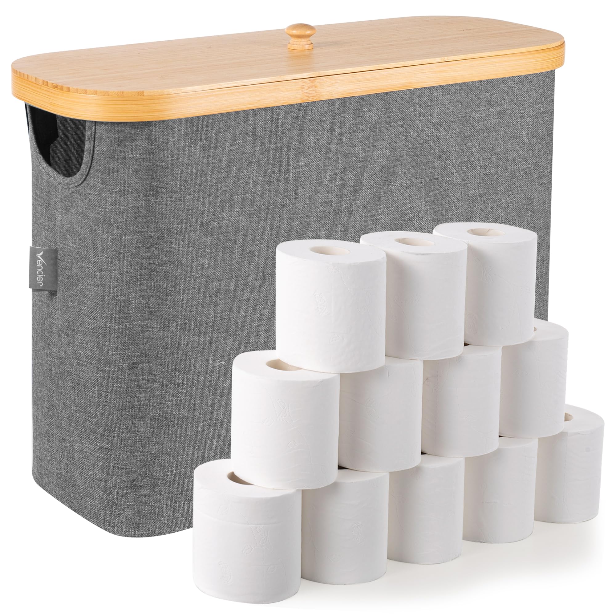 Vencier Grey 23L Toilet Roll Storage (Holds 9 Rolls) – Bamboo Bathroom Storage Box With Lid & Handle | Multifunctional Toilet Paper Holder Stand & Basket Cabinet (, 23L)