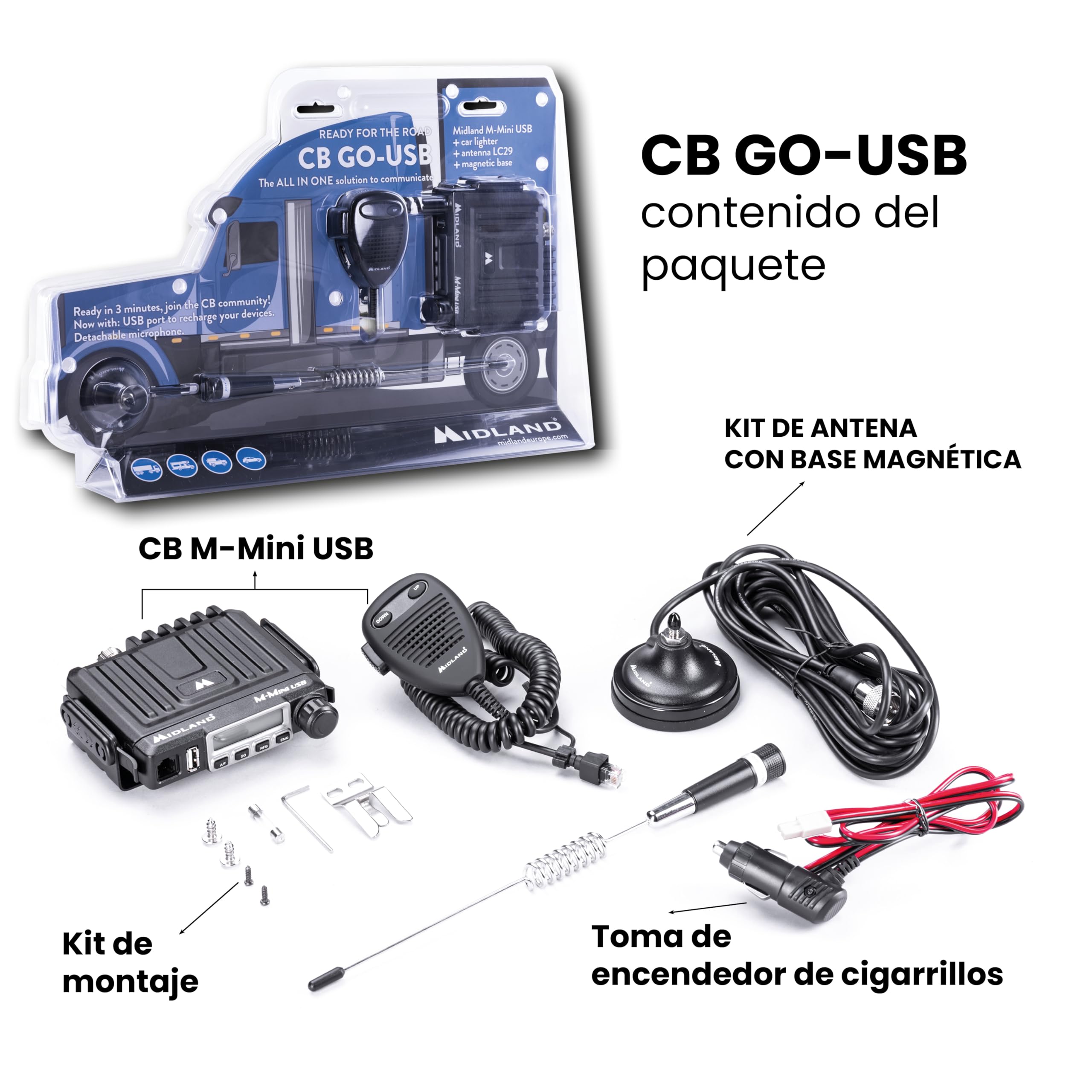 Midland M-MINI Radio USB y CB Mini con 40 canales, Toma USB y Alimentación de Mechero - 1 Micrófono, Cable de Alimentación, Soporte de Montaje