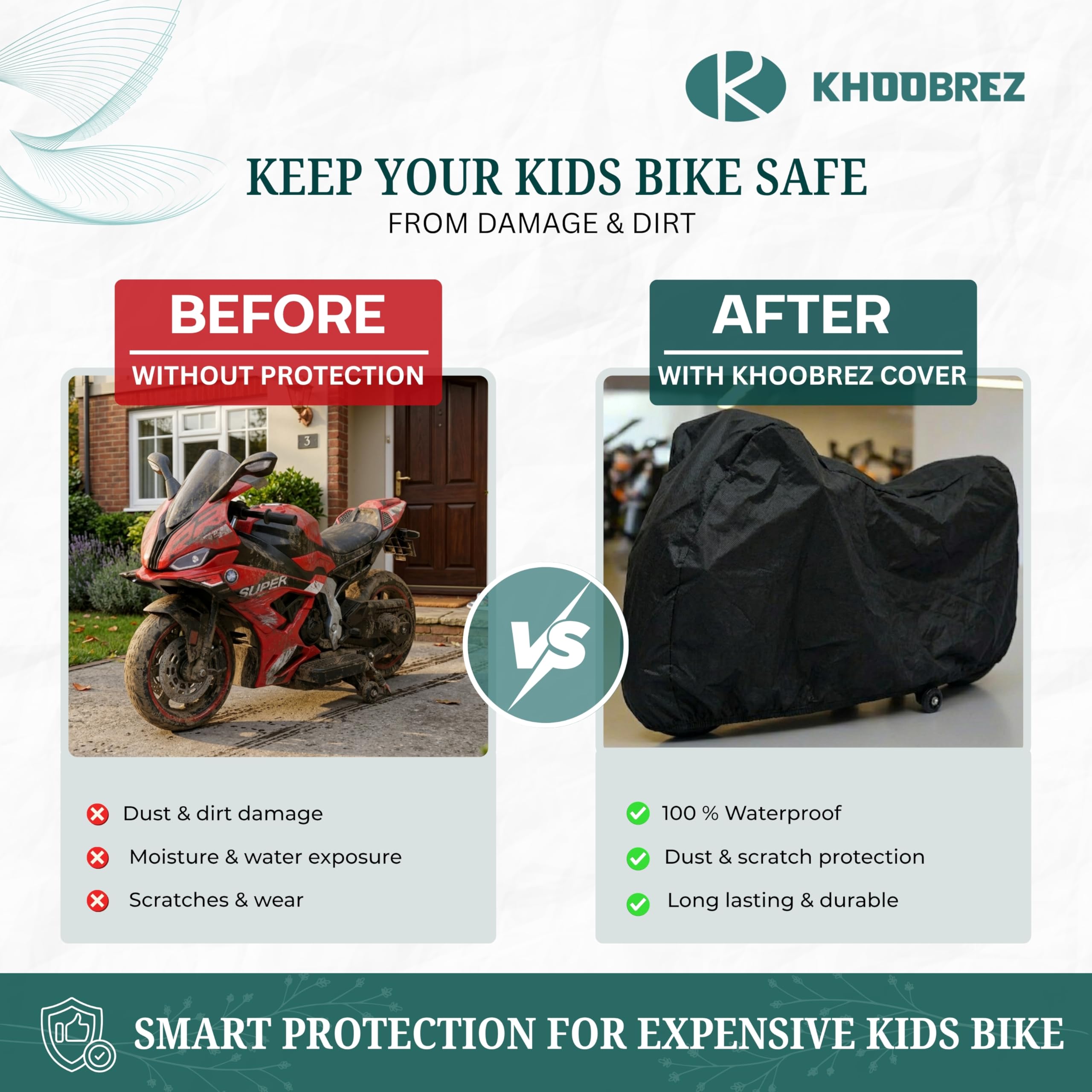 KHOOBREZ Kids Bike & Scooter Cover | Water-Resistant & Dustproof Protective Cover for Children's Bicycles, Scooters & Ride-On Toys | Durable Polyester Universal Fit | Black 4