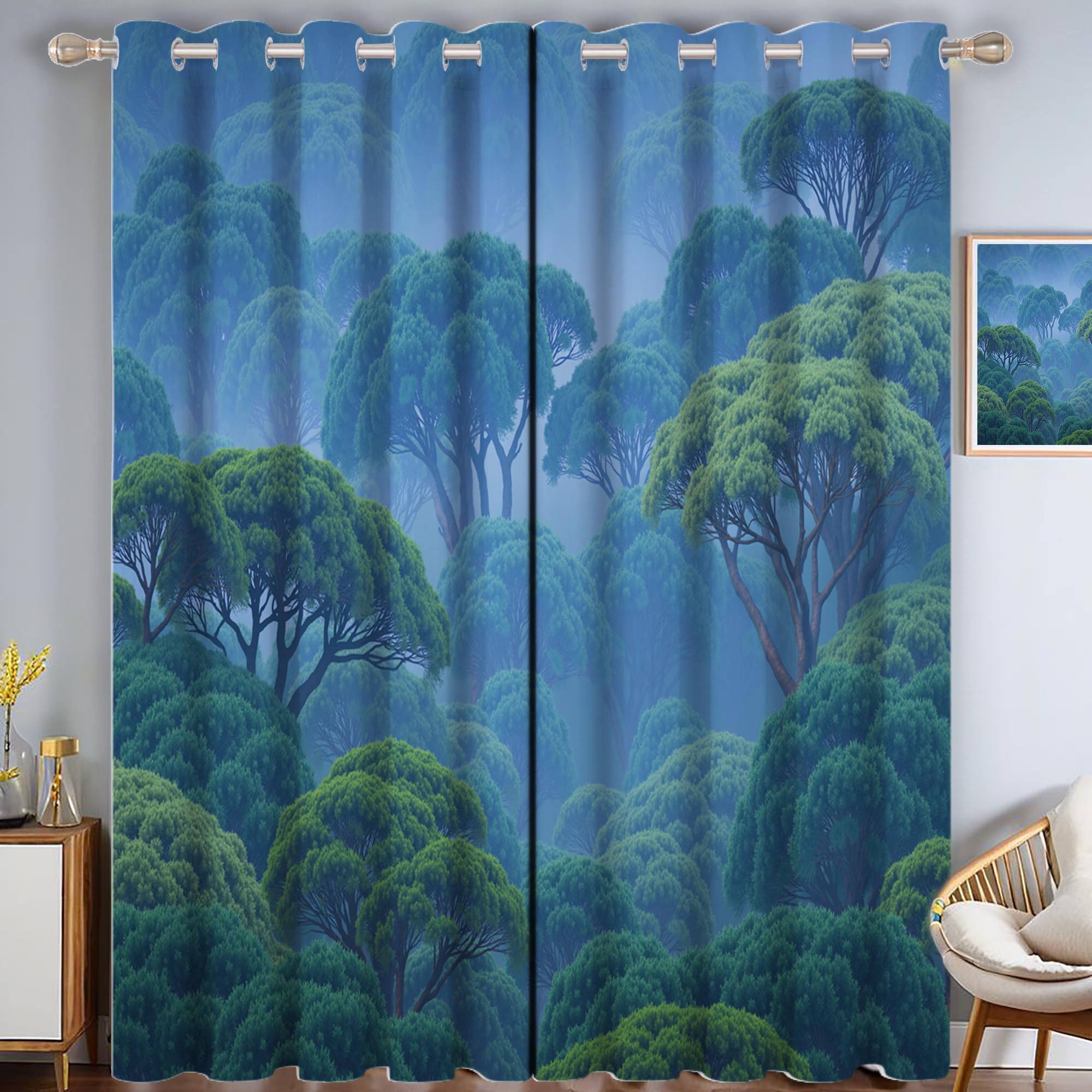 Rideau occultant forêt mystérieuse vert sauge 117x183cm pour chambre et salon lot de 2