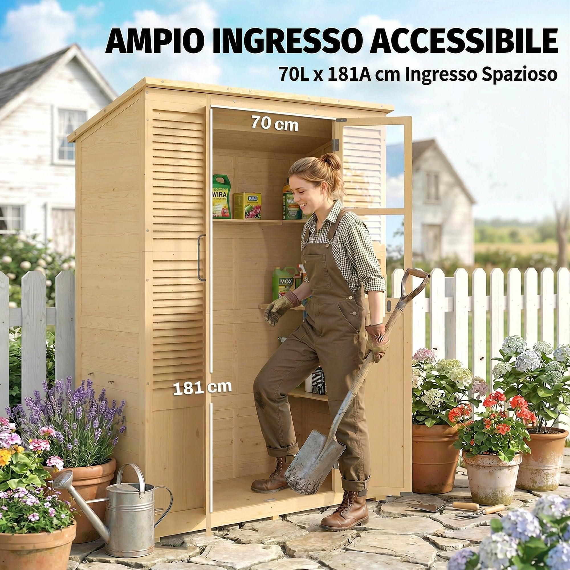 Outsunny Armadio da Giardino in Legno Abete Walk-in, Casetta Porta Attrezzi da Esterno con Tetto Inclinato Asfalto, 4 Finestre, 6 Ripiani, Prese d'Aria, Kit Antiribaltamento, 147x68x198cm, Color Legno