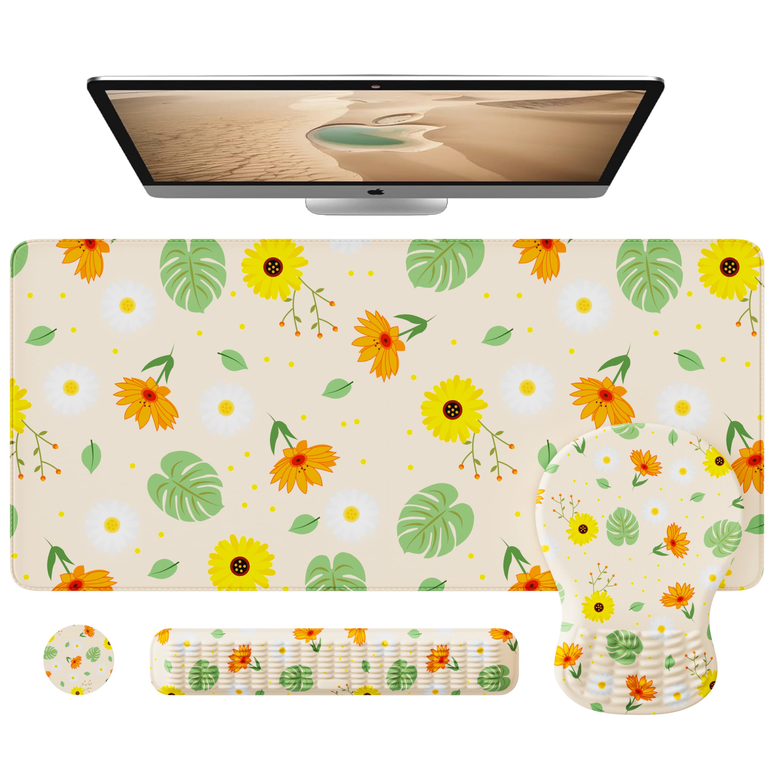 MEKASS Desk Mat Set, Large Mouse Pad and Keyboard Wrist Rest with Memory Foam & Non-Slip Base, 4-in-1 Ergonomic Mouse Pad Set for Home Office Computer (Floral)
