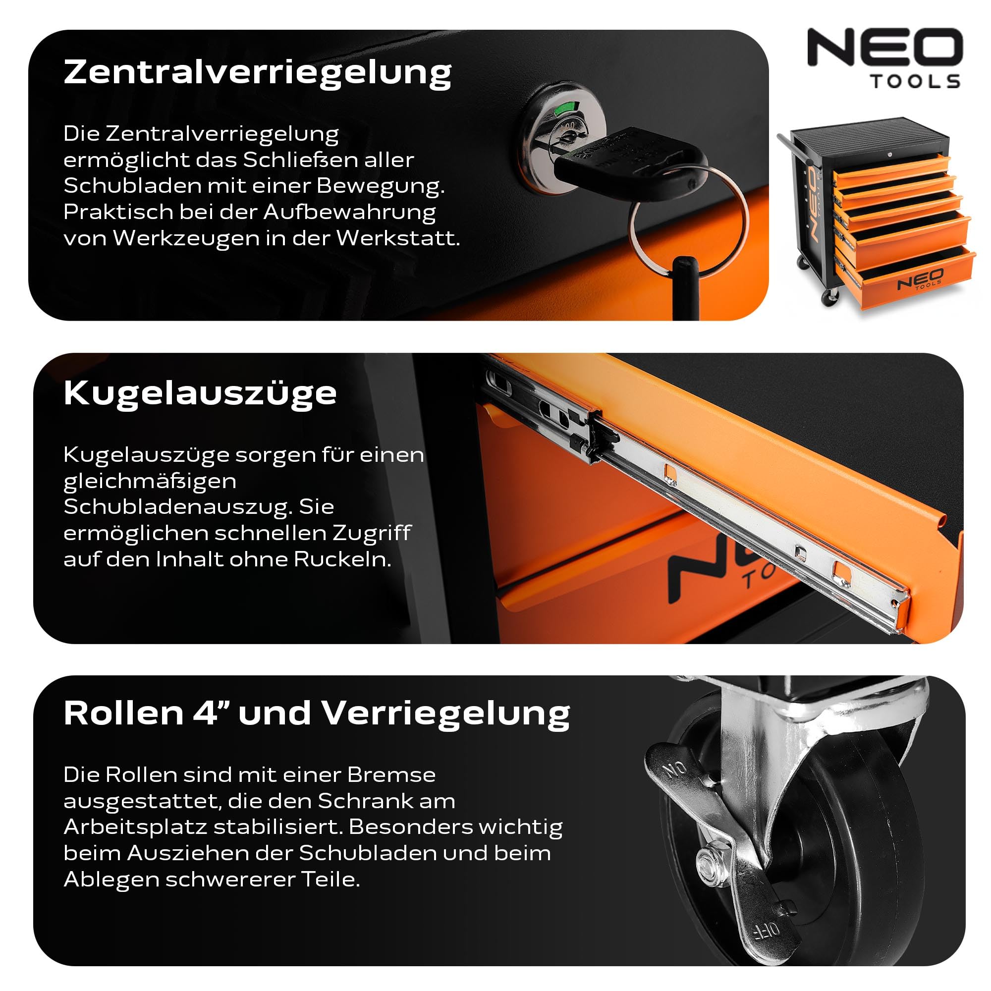 NEO TOOLS Werkzeugschrank 680x460x1030 mm, 7 Werkzeugschubladen, Belastbarkeit 280 kg, öl- und fettbeständiges Oberteil, Zentralverriegelung, Schubladenverriegelung, 5"-Lenkrollen mit Feststellern