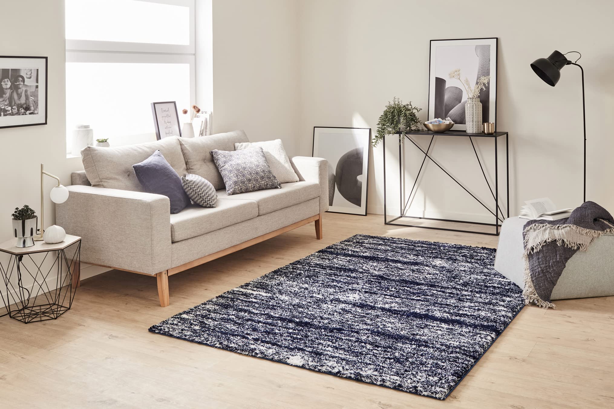 Nazar Tapis Shaggy Doux à Motifs Géométrique, Tapis Salon, Tapis Chambre, Tapis Couloir, Moelleux, Moderne, Beige, Gris, Bleu, Rouge (584 Bleu, 120x160 cm)