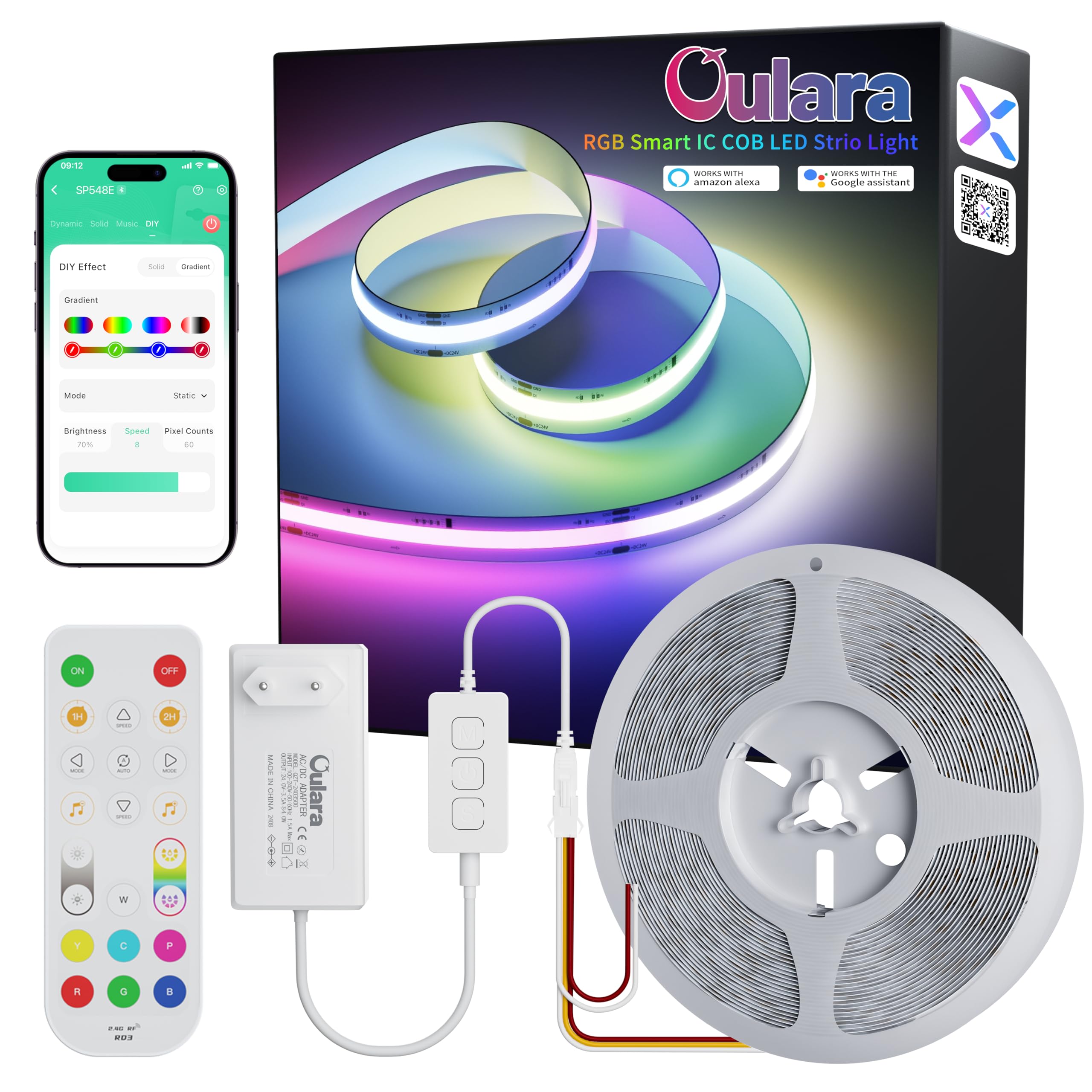 OULARA RGB Smart IC COB LED Tira Direccionable 6M,24V Multicolor Flexible Juego de LED Cinta,Función de WIFI Controlador con Alexa,Control de APP/Modo de Música para Decoración de Fiesta DIY