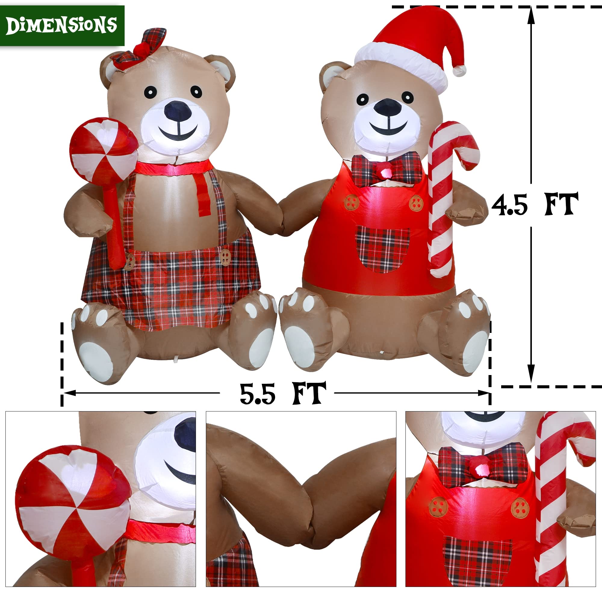 Joliyoou Christmas Inflatable Decoration, 5.5FT Blowup Bear Couple Holding Candy Cane & Lollipop, Light Up Xmas Inflatable for Winter Holiday Yard Lawn Front Door Outdoor Indoor Decor