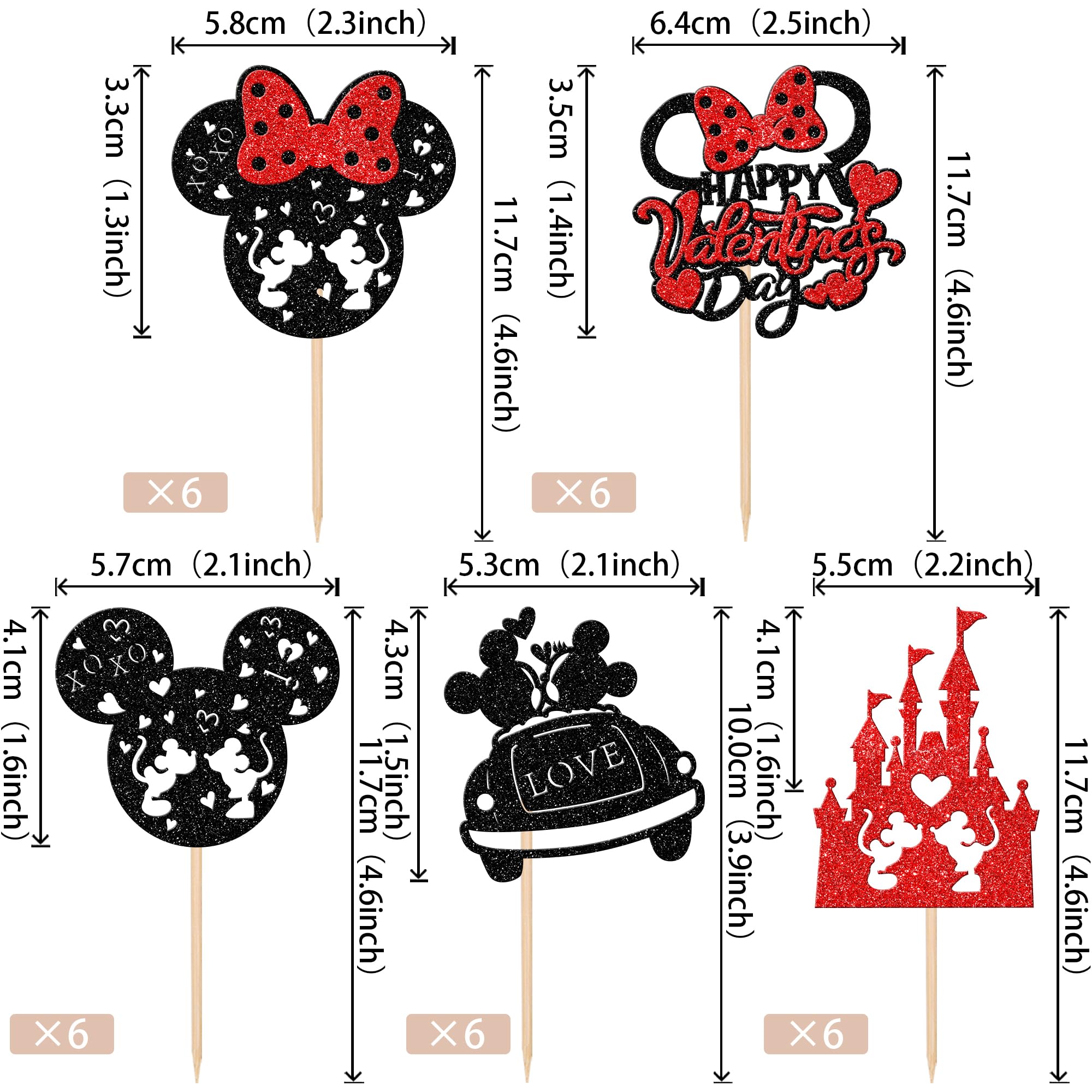 24 PCS Happy Valentine's Day Cupcake Toppers Black and Red Glitter Sweet Love Heart Mouse Inspired valentines Cupcake Picks for Valentine's Day Theme Birthday Party Cake Decorations Supplies