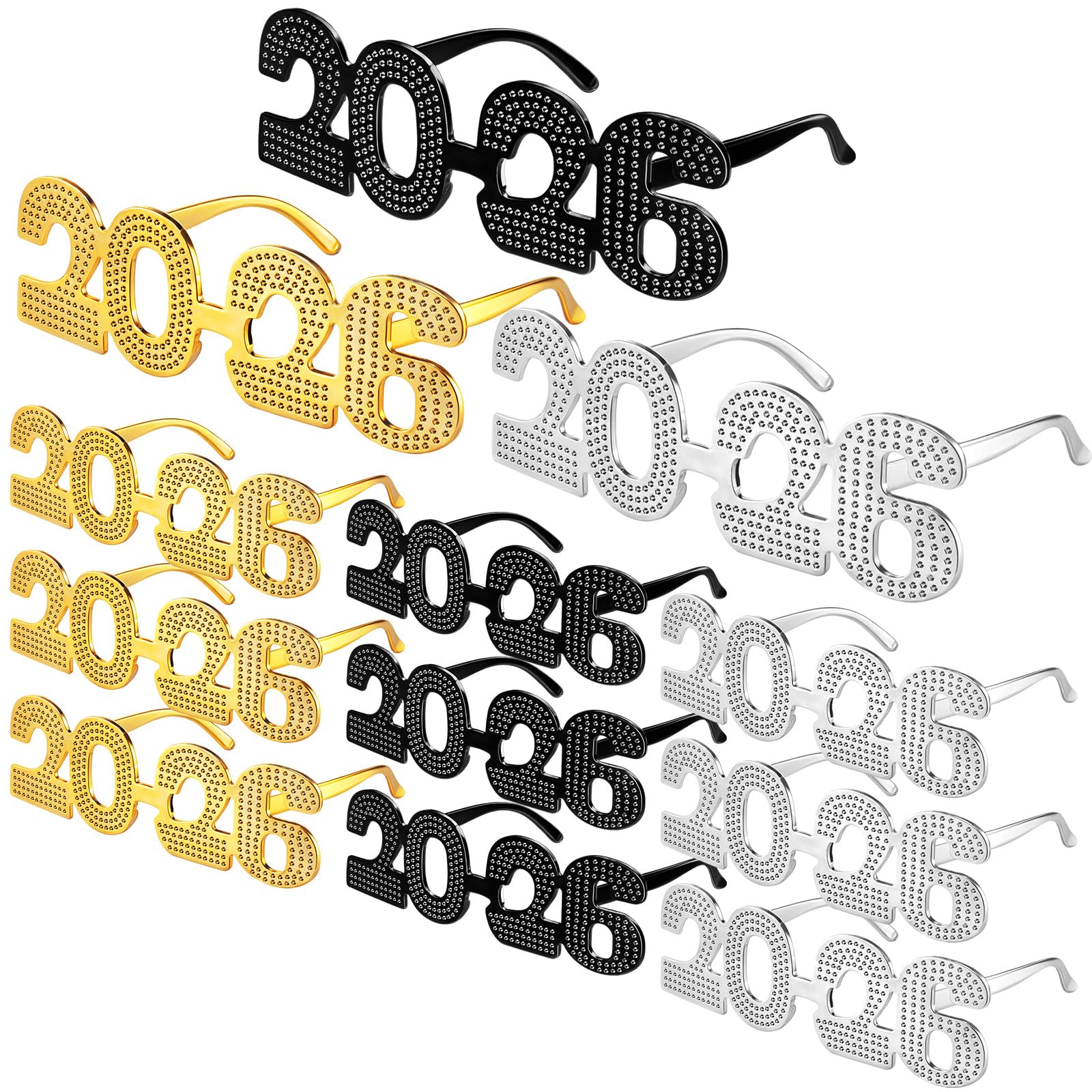 Sherr 12 pares de marcos de gafas de Año Nuevo 2024 con purpurina 2024, suministros de fiesta de Año Nuevo, anteojos de vidrio novedosos para Año Nuevo, festividades, festivales, fiestas, accesorios