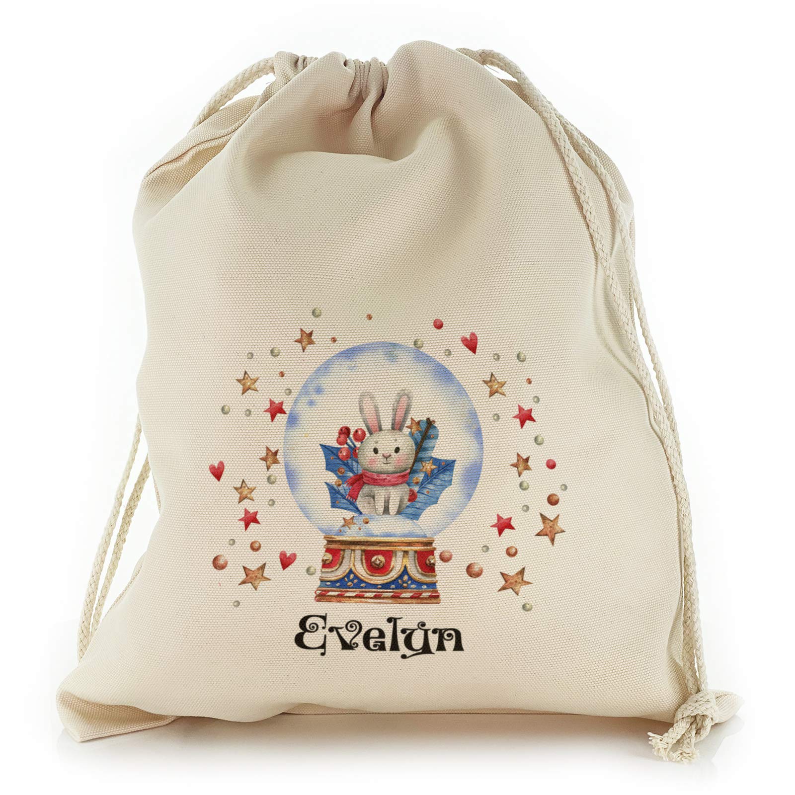 Personalised Gift Bag For Christmas, with Rabbit Snow Globe Design Print, Reusable, Xmas Drawstring Sack Customised with With Name/Initials/Text, Sizes: XXS, XS, S, M, L, XL