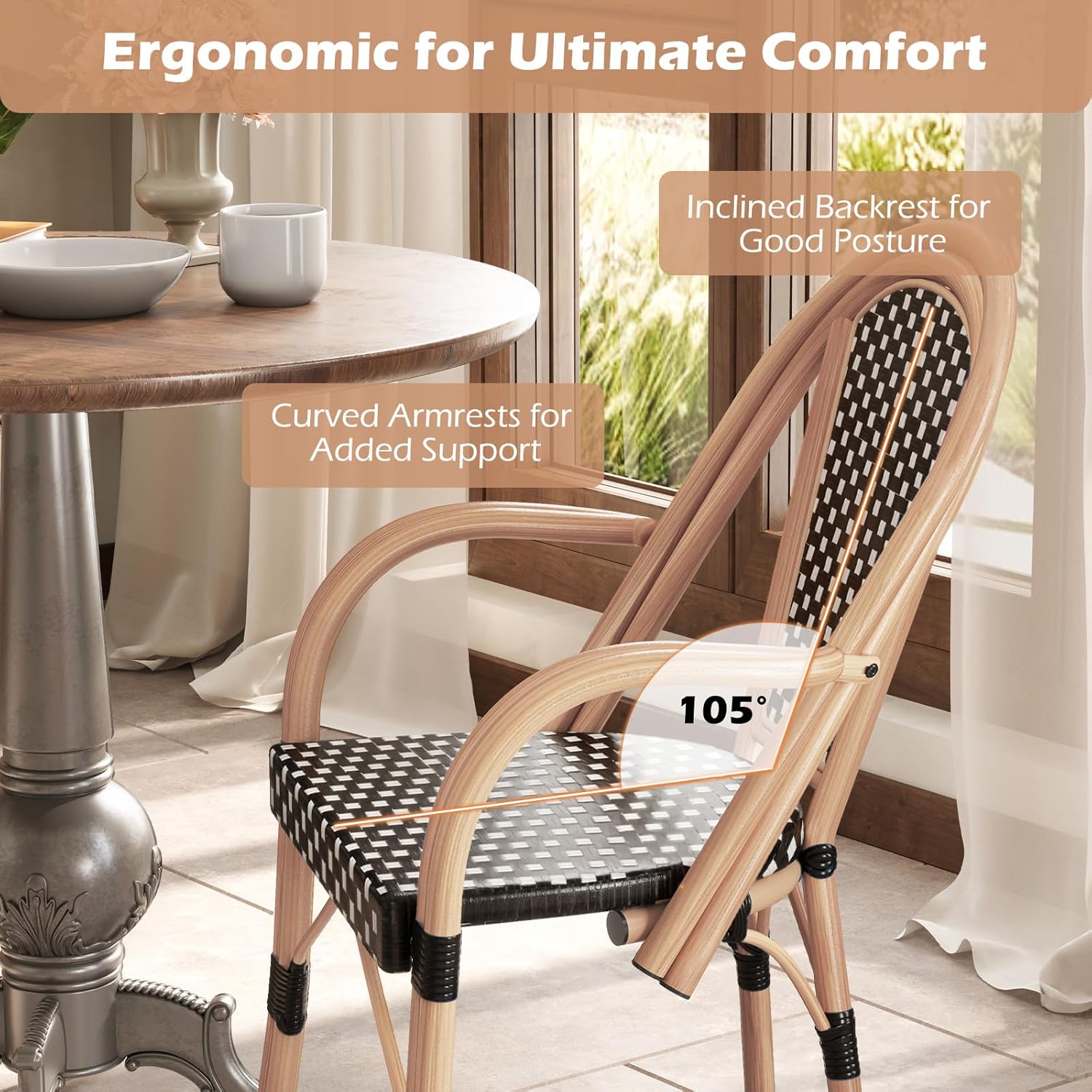 Tangkula Outdoor French Bistro Chairs Set of 2, Hand-Woven PE Wicker Patio Chairs with Armrests, Outdoor Dining Armchairs with Galvanized Metal Frame for Porch, Garden (1,Black)