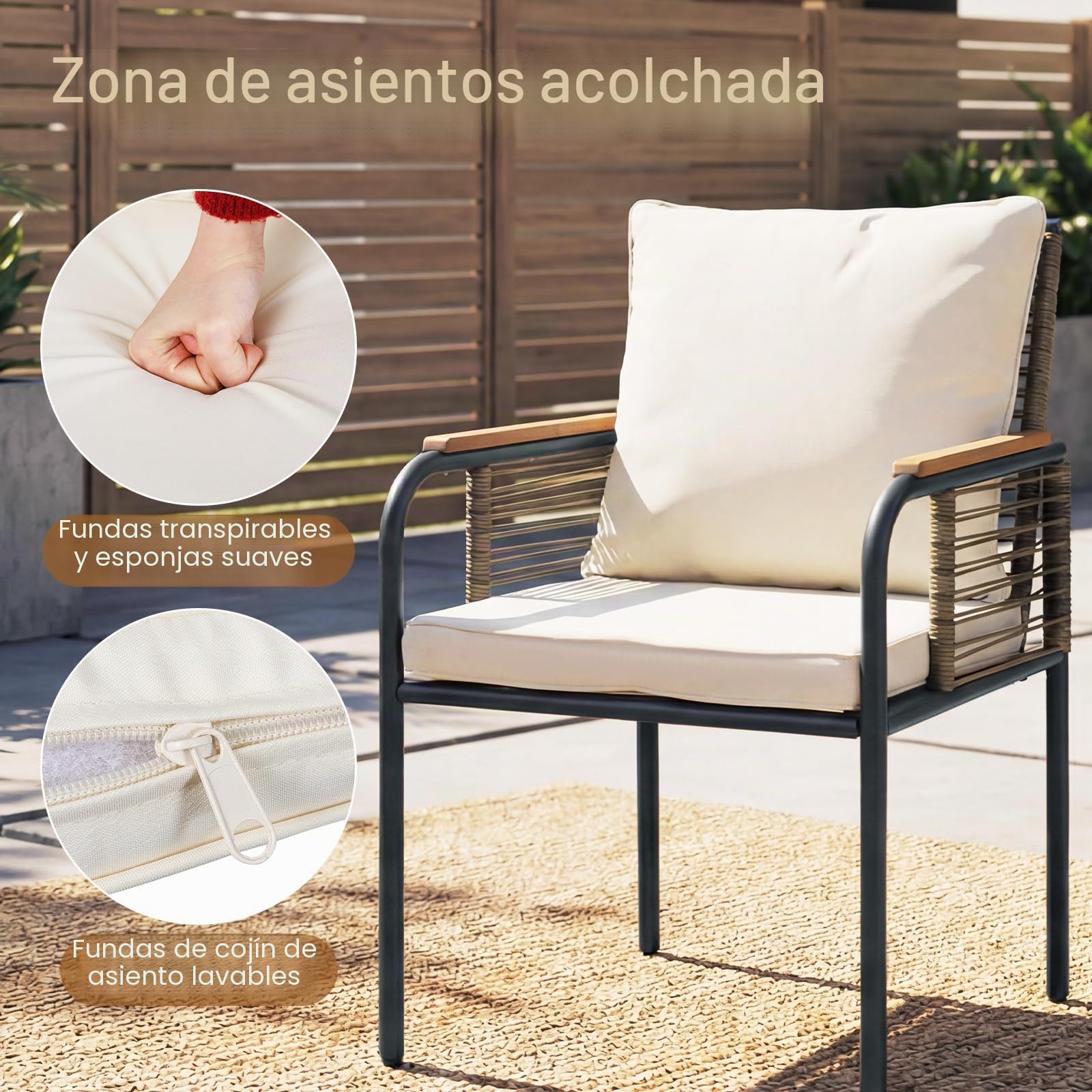 GIANTEX Juego de Muebles de Jardín 3 Piezas, 2 Sillas con Cojines y Mesa con Tablero de Cristal Templado, Estructura de Metal, Muebles de Ratán para Patio, Balcón, Piscina (Beige)