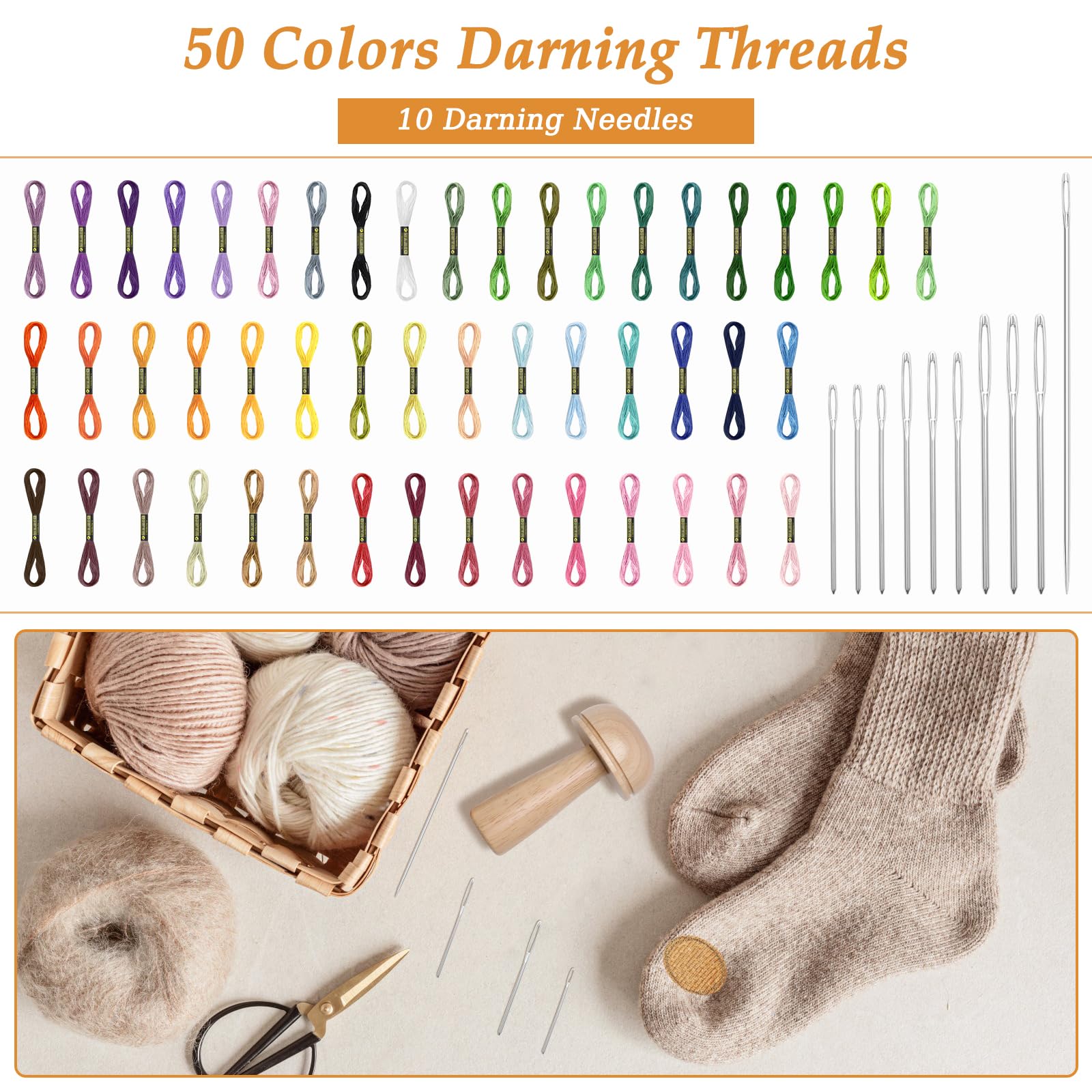 Windspeed Darning Mushroom for Socks Darner Kit Include 14 Hooks Speedweve Loom 9 Large Eye Needles 50 Colors Thread for DIY Handicraft Home Sewing Care - Image 3