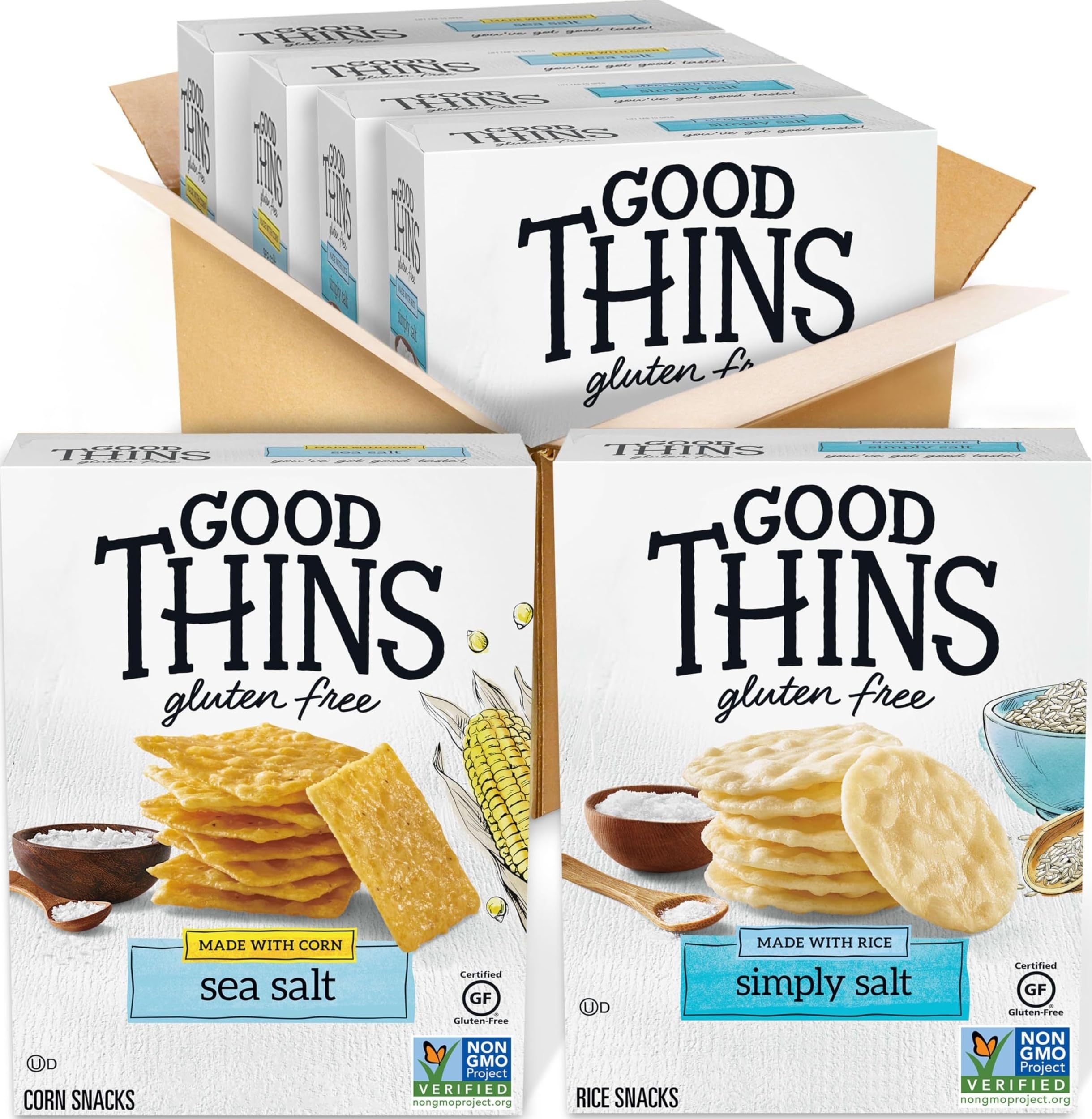 GOOD THINS Rice & Corn Snacks Gluten Free Crackers Variety Pack, 4 Boxes | Bulk Snack Crackers, Non-GMO, No Artificial Colors or Flavors, No High Fructose Corn Syrup