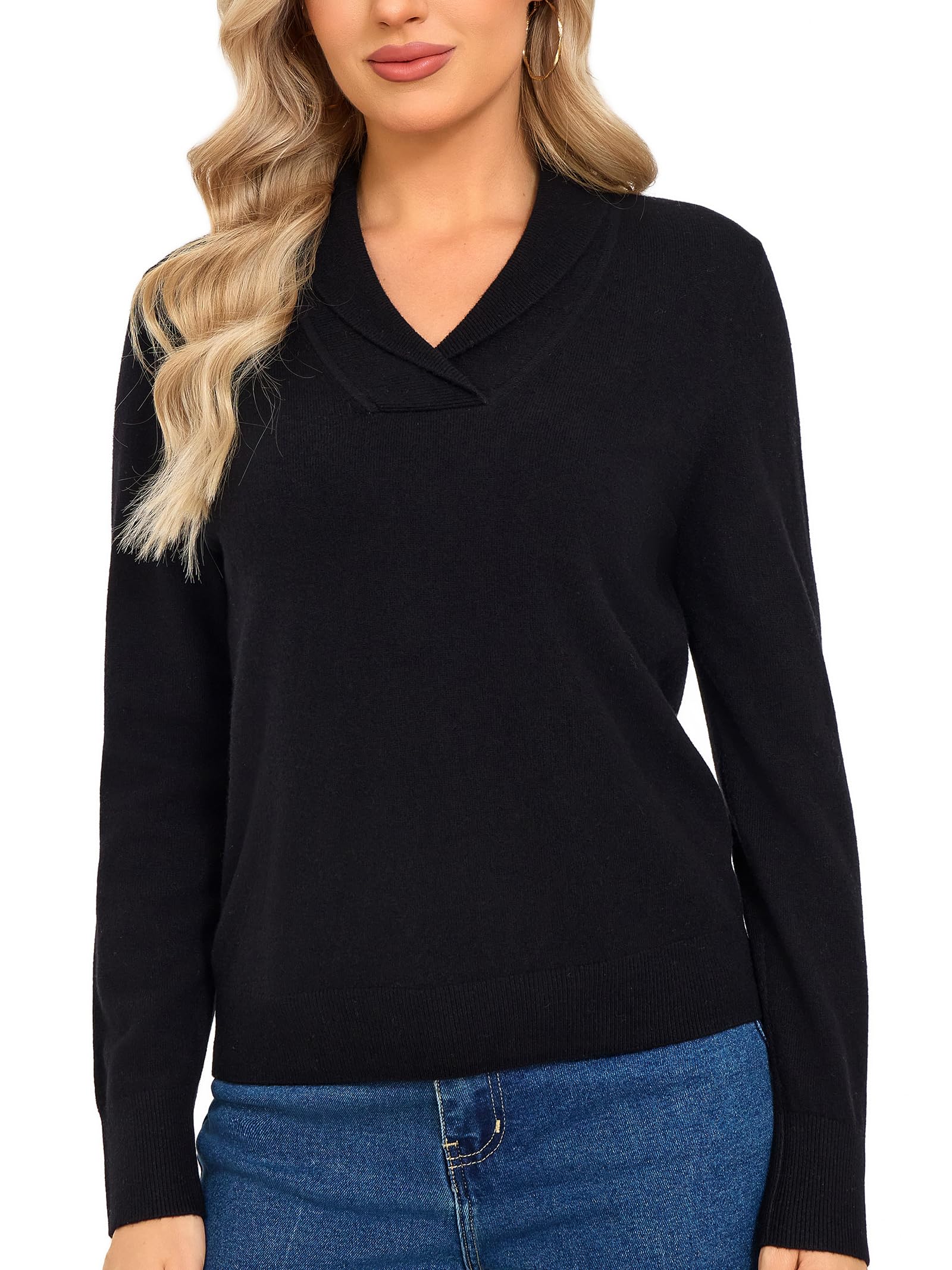 VETLURY Damen Pullover mit Reverskragen aus 100% MerinoWolle，weich und pflegeleicht vielseitig kombinierbarer locker sitzender elegant Strickpullover für Herbst Winter und Frühling