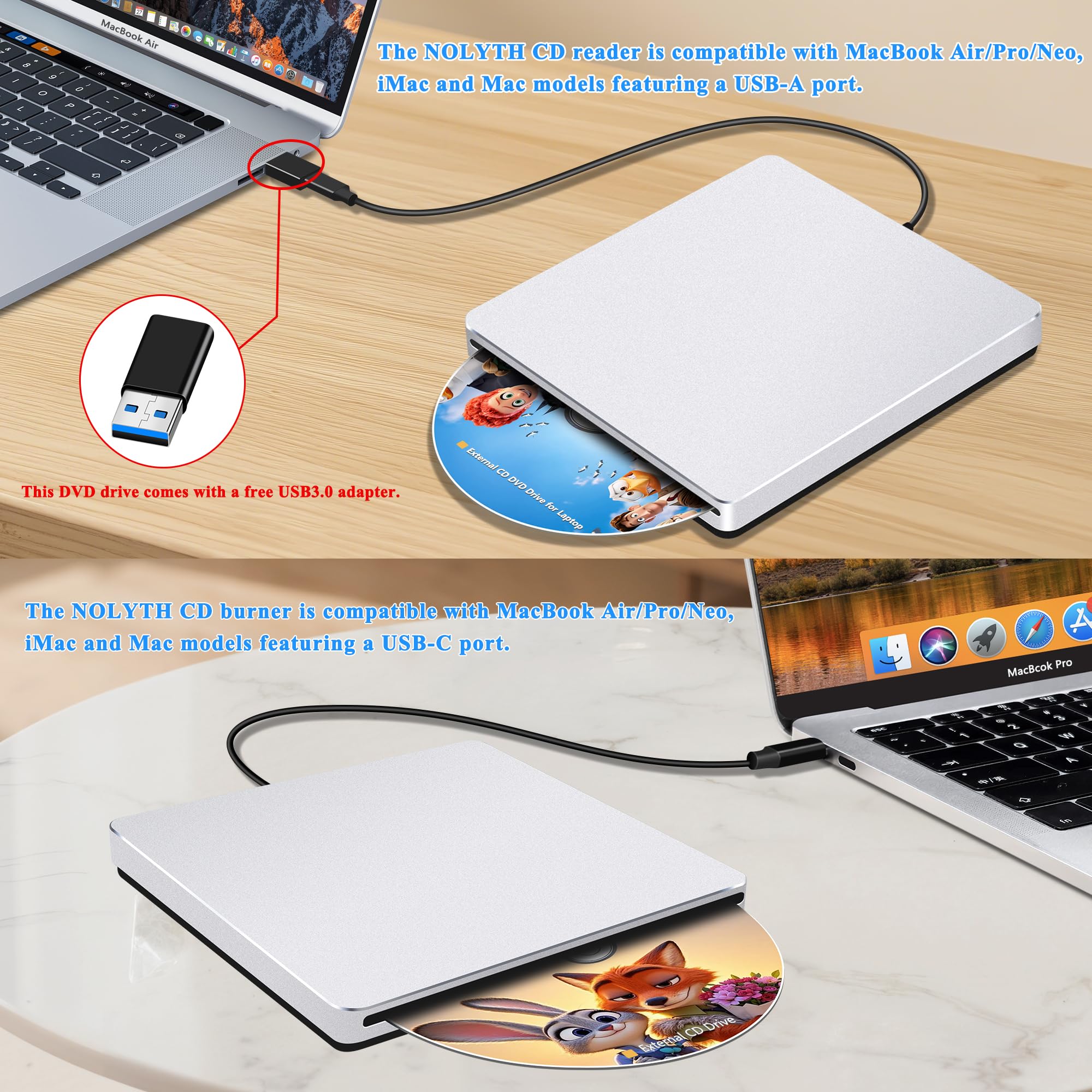 Unidad externa de CD y DVD para laptop: lector portátil USB C de CD/DVD para Mac PC Windows 11 con adaptador USB 3.0 de aleación de aluminio, ranura SuperDrive para Apple
