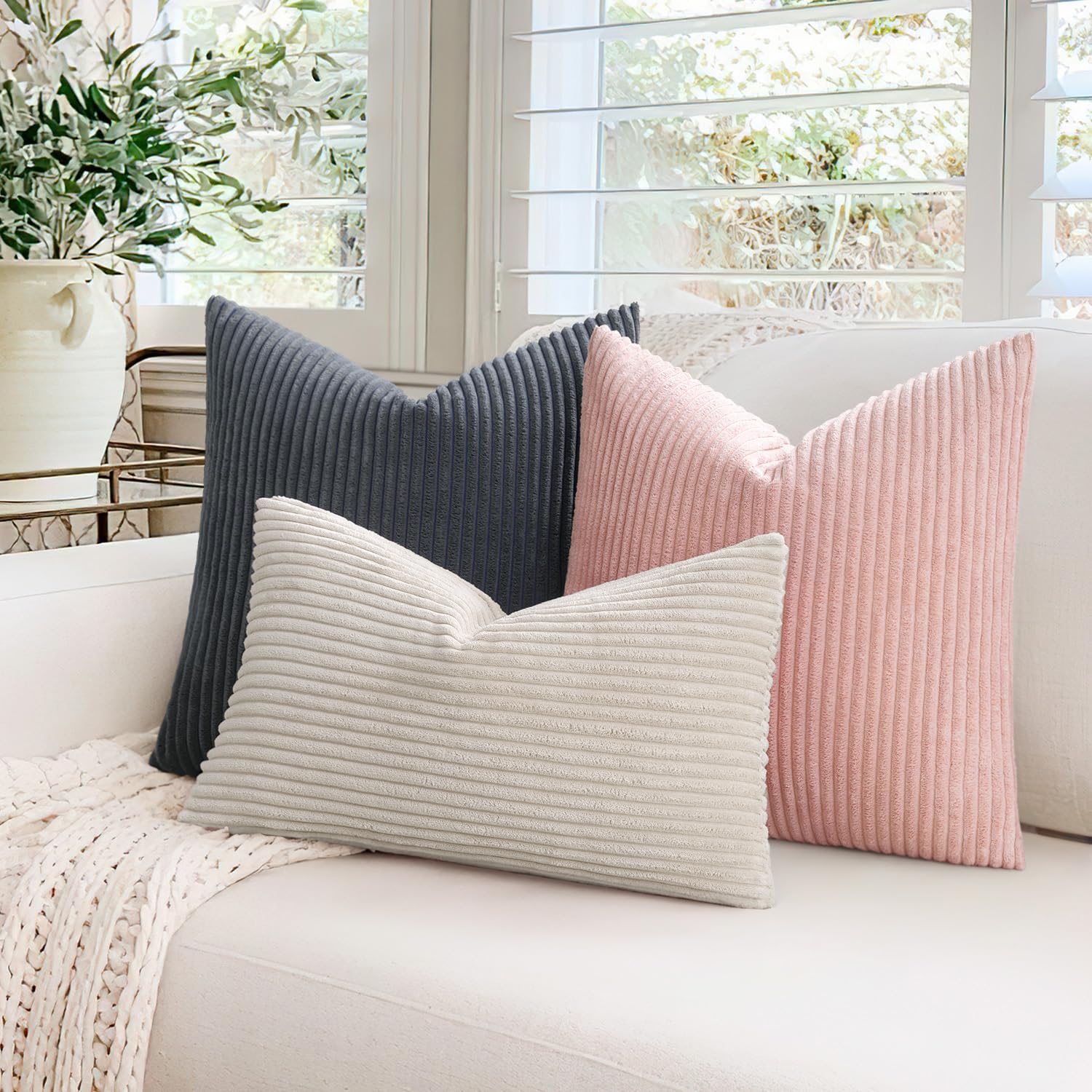 Federe In Velluto A Coste MIULEE - Set Da 2 Federe Decorativo Per Cuscini 30x50 Cm, Bianco Crema - Morbide E Moderne Per Divano, Letto O Camera - Foto 6