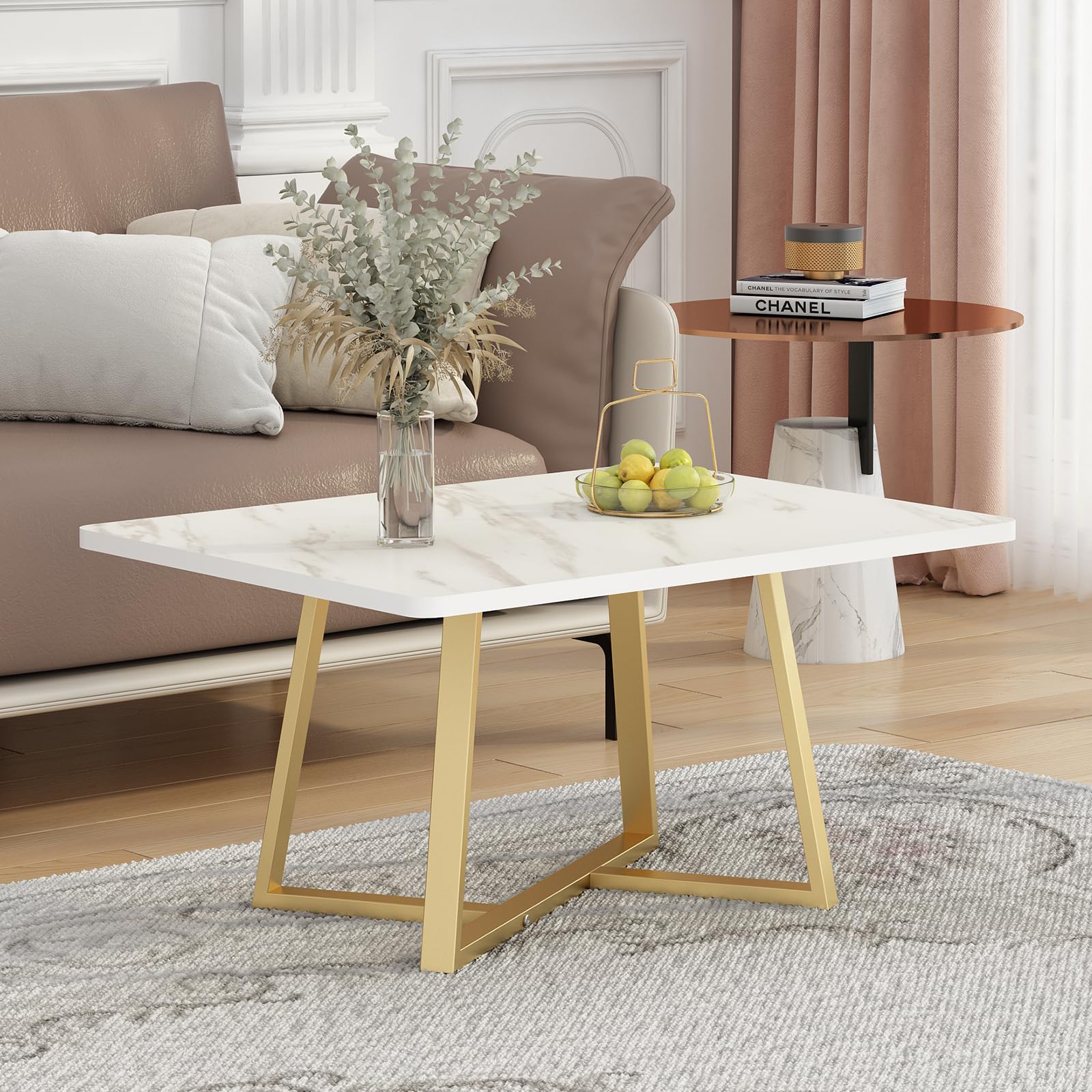 HOME ELEMENTS Rectangular Coffee Table for Living Room Center Table with Open Minimalist Space Design Metal Frame Engineered Wood Marble Texture Look Top Easy Assembly DIY - 80x60x41cm (White)