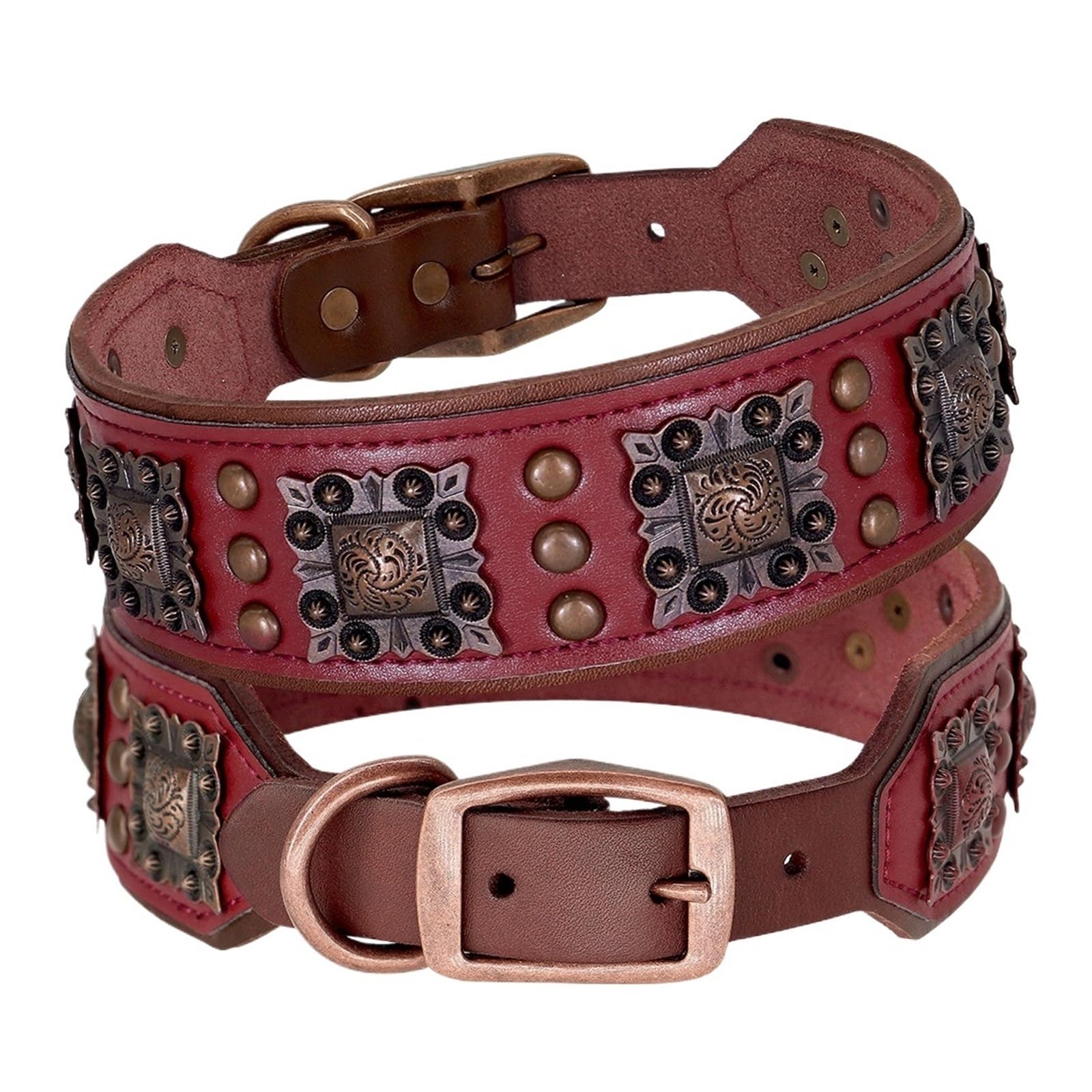 Collier en cuir véritable à pointes pour chien de taille moyenne rouge robuste