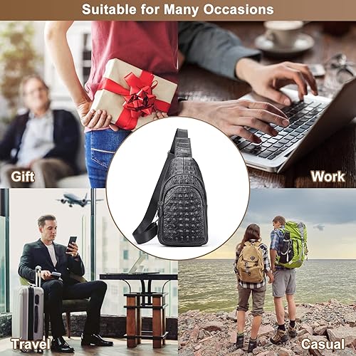 Miniatura 7 de Bolso bandolera de cuero con patrón de cocodrilo vintage para hombres, mochila de cuero genuino casual Daypack Crossbody bolsas de hombro