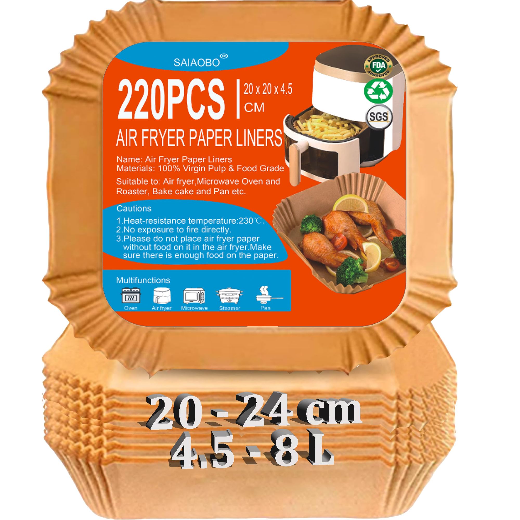 Backpapier für Heißluftfritteuse, 4,5L-8L 220 Stück Airfryer Papier Zubehör 20-24cm Antihaft Wasserdicht Ölfest Einwegschalen Luftfritteuse Liner für Air Fryer Ofen Mikrowelle Bratpfanne