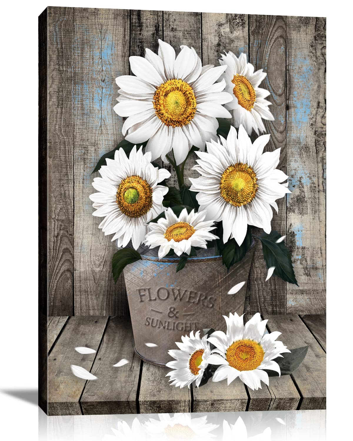 Framed Rustic Farmhouse White Sunflower Wall Art Decor for picture print Floral Vintage Wood Grain Canvas Artwork for Living Room Bedroom Bathroom Office Hotel Modern Home ready to hang 12x16inch