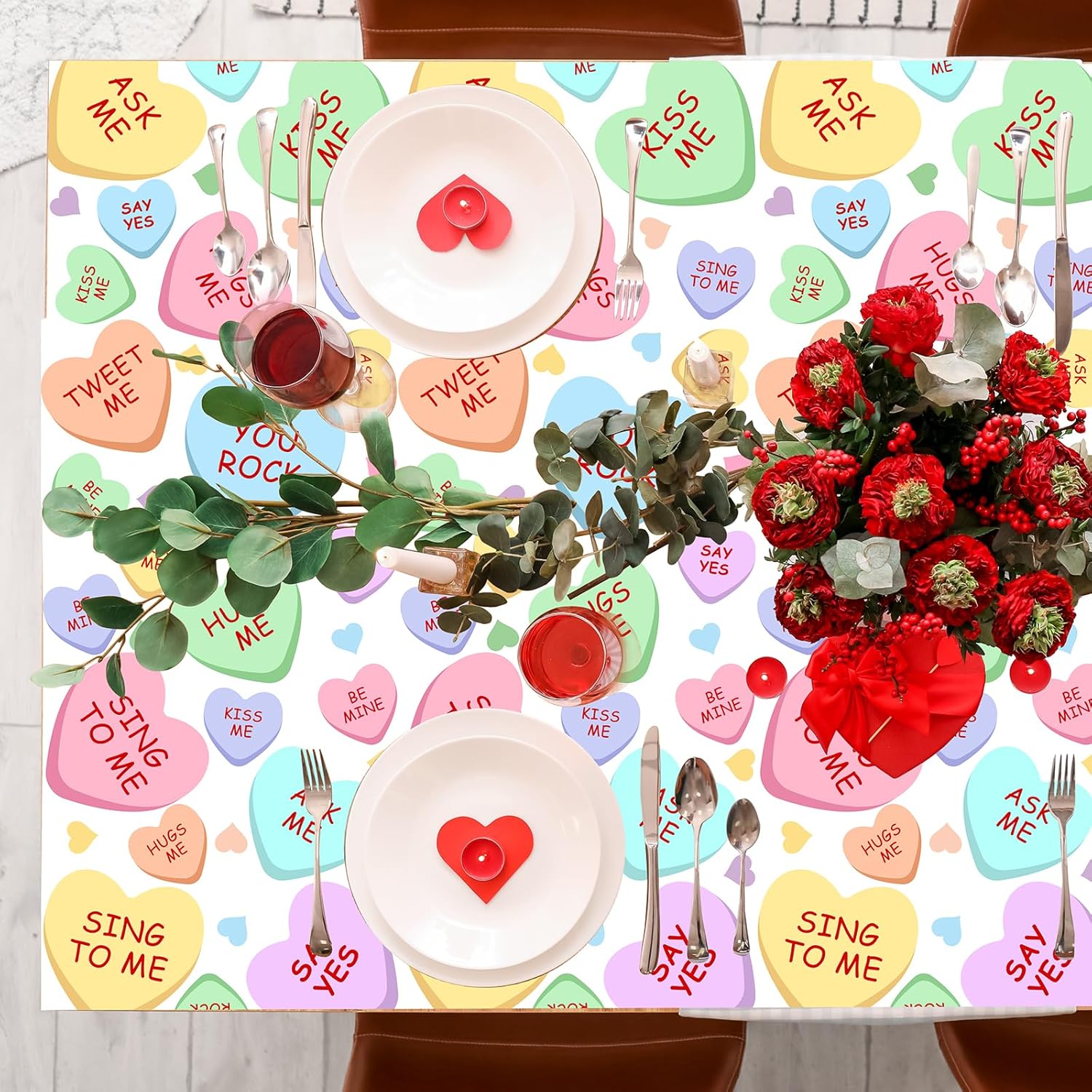 Valentines Conversation Heart Table Cover Roll 52 in x 100 Ft Valentine's Day Tablecloth Rectangular Heart Table Cover for Holiday Picnics Dinner Home Party Decor