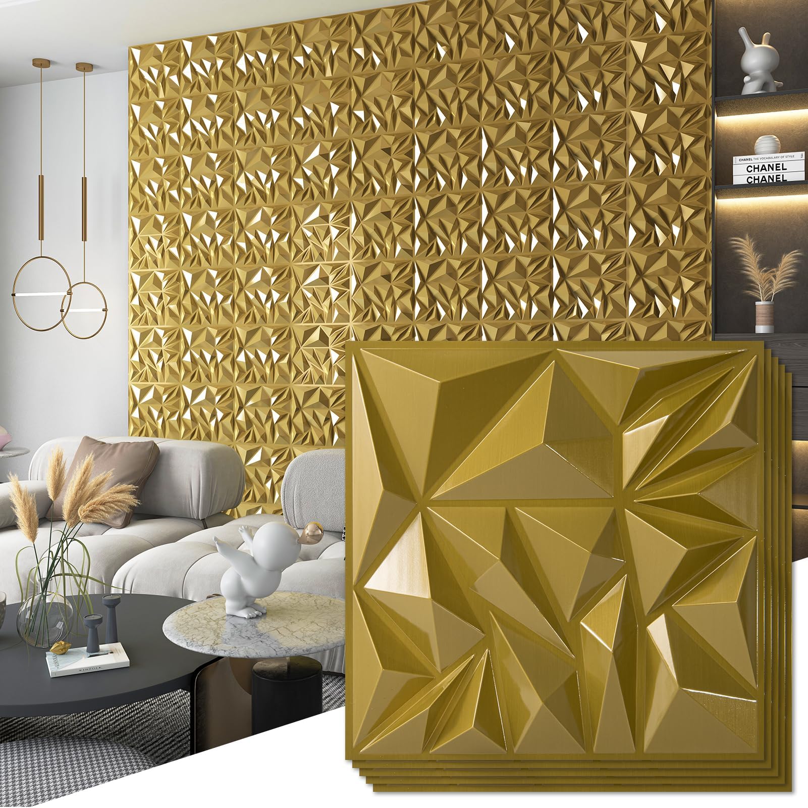 Art3d 33 Pieces 3D Wall Panels for Interior Wall Decoration, Diamond Texture Wall Cladding for Gaming, Living Room, TV Wall, Background, Accent Wall, 12 x 12 Inch, Gold
