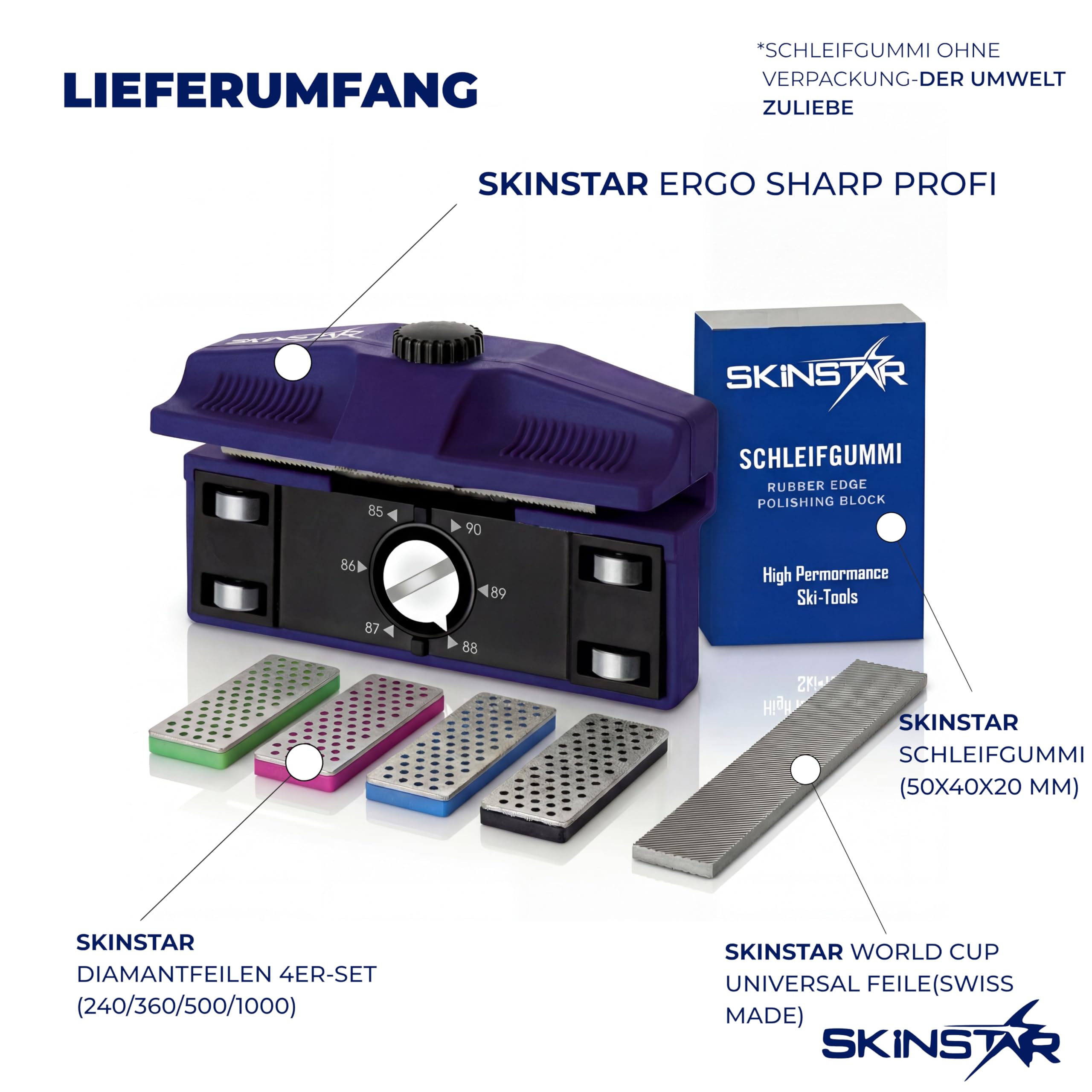 SkinStar Ergo Sharp Profi Edger Kantenschleifer 90-85 | Seitenkantenschleifer Ski & Snowboard | Diamantfeilen Set 4X 240/360/500/1000 | inkl. WC Feile 80mm + Schleifgummi | Made in Italy
