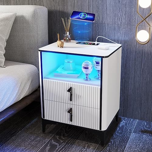 LVSOMT Mesita de noche RGB con estación de carga inalámbrica, puerto USB y tipo C, mesita de noche para dormitorio, mesita de noche moderna, mesa